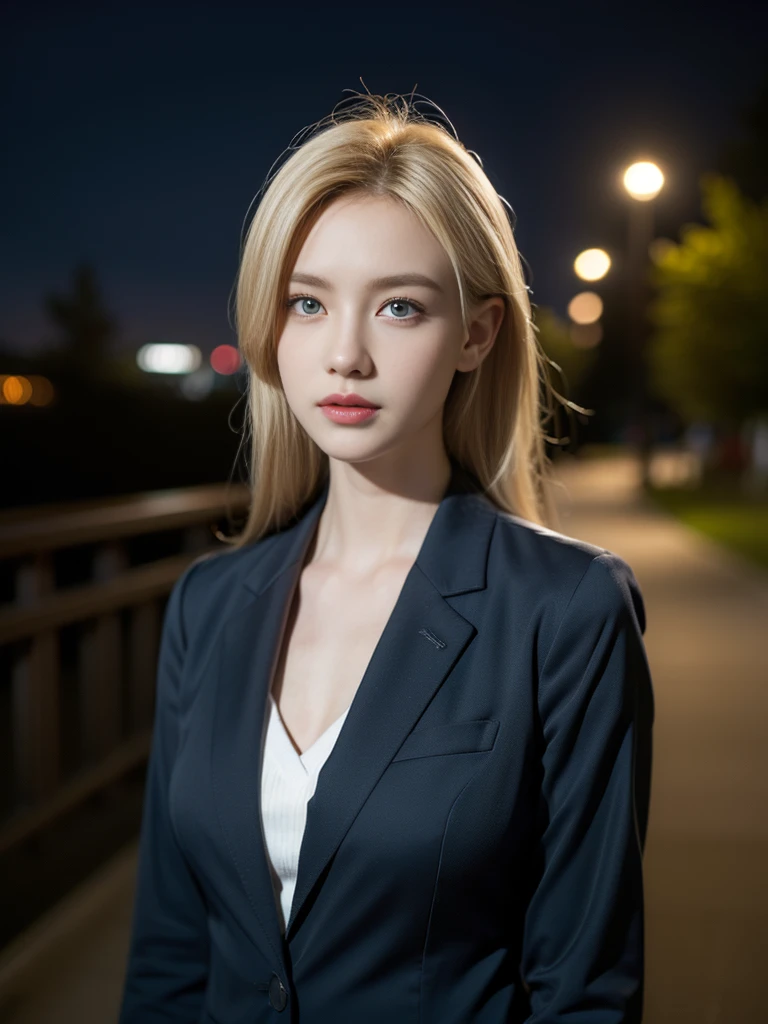 tmasterpiece,Highest image quality,super detailing,(1 Sister), The beautiful, amazing face and eyes, Cosmetics for a refined and beautiful face), (The best look), (The beautiful大胸:1.1), (Best quality at best:1.4), (ultra - detailed), (extremely detaild的 CG unified 8k wallpapers), Very meticulous, RAW photogr, professional photoshooting, ((buisness suit)), (Open business shirt),blond hair blue eyes,Outdoor sports, (down town, nightcity, rays of moonlight), (nigh sky), depth of fields,Accurate depiction,