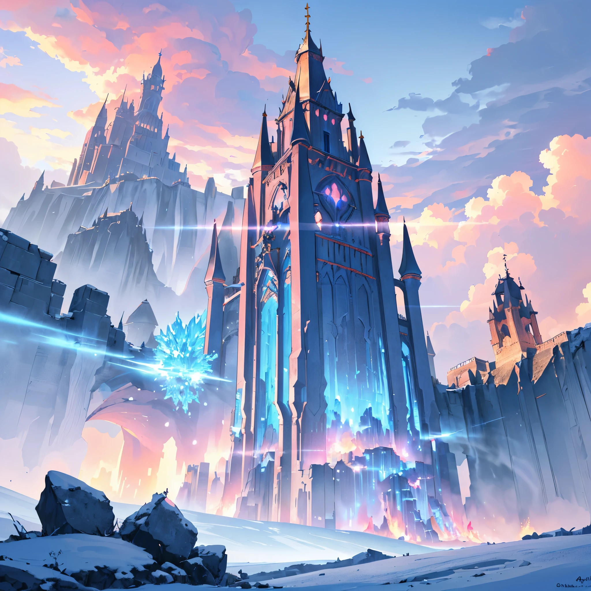 ((Anime Landscape Wallpaper: 1.2, width 672, Beautiful UHD 4K art: 0.8) (best quality), ultra-detailed, otherworldly landscape, While this ætheric edifice is in constant flux, many have described it as a crystalline castle composed of the same sort of material as the labyrinth that surrounds it. Imbalanced spires spontaneously emerge from the ever-shifting foundation of the Impossible Fortress, as do towers of blue and pink flame and searing Warp fire. 8k high resolution, trending art station,