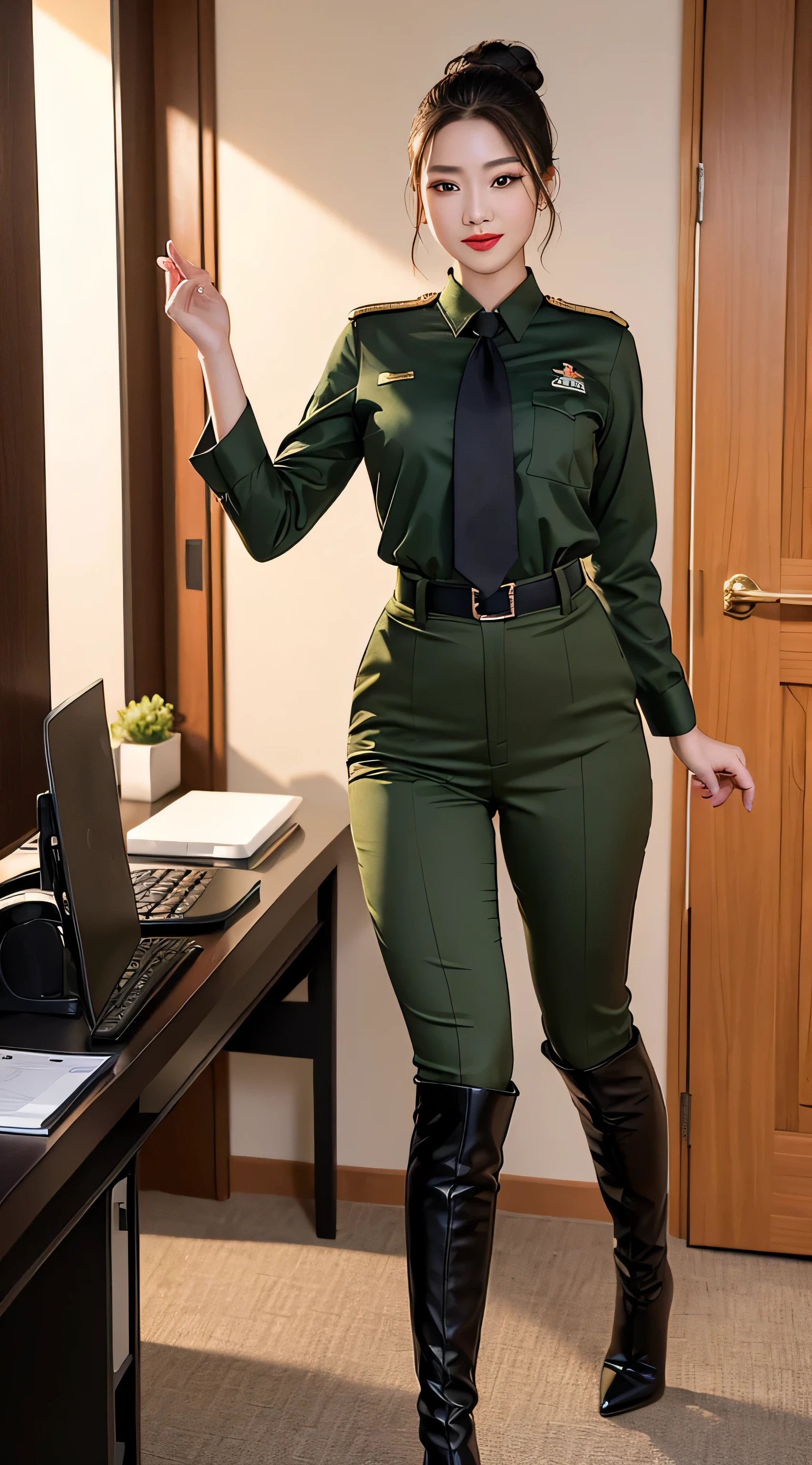 (Full body lesbian) In the Office room, Chinese beauty in uniform, Perfect facial features, Rejili, rnsexy smile, lipsticks, Redlip, (Top knot), brown green shirt, with  the (black uniform tie), Dark olive green pantlack high heel knee boots), Open the door to welcome male colleagues, one-girl, 一个男孩with  the, Full body lesbian portrait, Husband and wife, flirt, Enthusiastic, Office room, office desk, Office room chair, during night, Dazzling light, Best quality at best, Mistpes, 超高分辨率, (photosensitive: 1.4), Depth shadows, low pitch, 8k beauty portrait, Integrated, Elegant, The content is very detailed, A majestic, digital photography, Artistic creation、Jia Run and Greg Rutkoski, (tmasterpiece, Side seams, Eyes are delicate and beautiful: 1.2), HighDynamicRange, Detailed tail background,