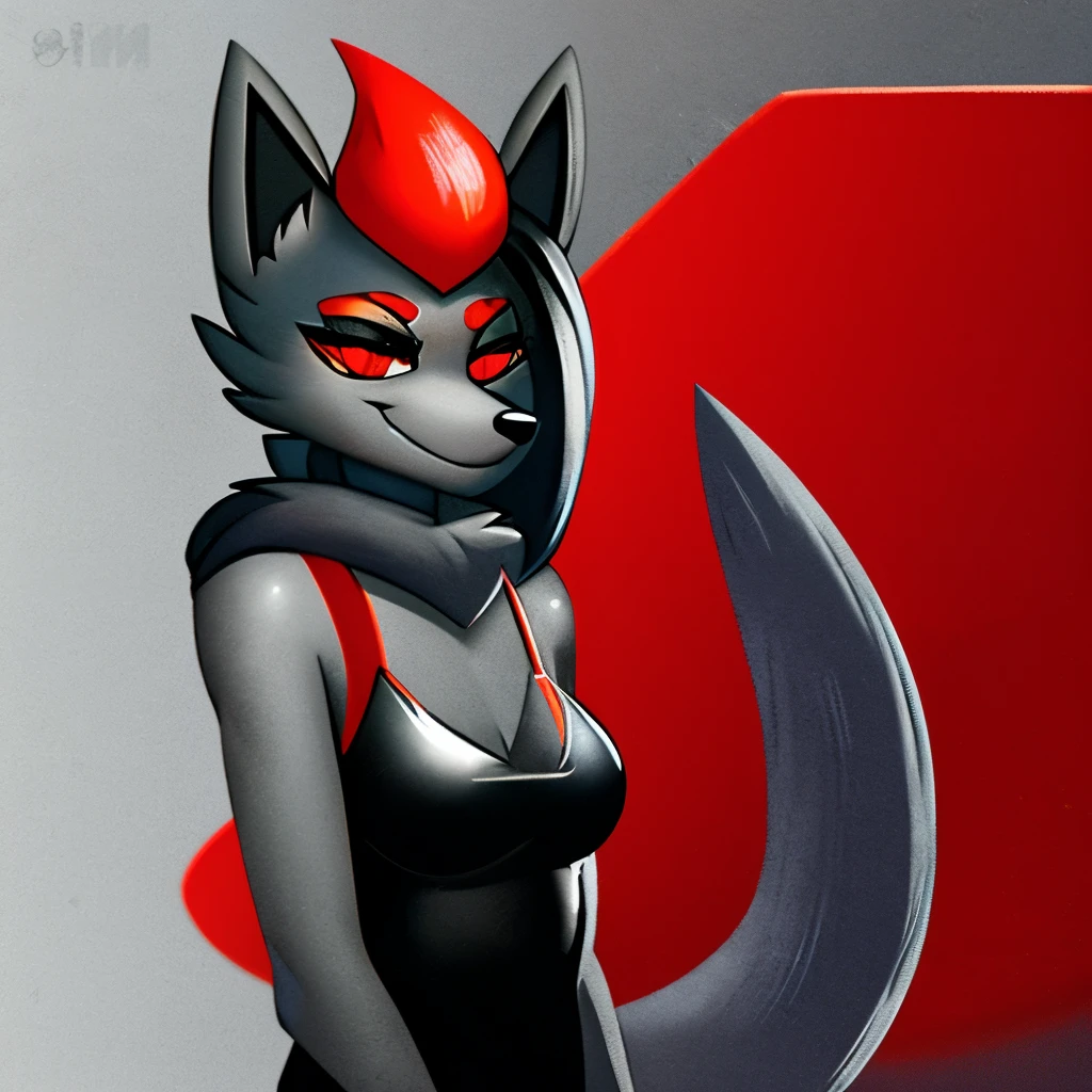 Beautiful young female zorua, long dark gray hair with red highlights, flashing breasts ,front view, muted background, apartment bedroom, mischievous smiling, 8k quality,