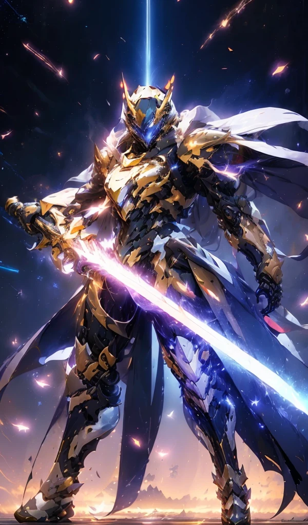 a man in armor holding a sword in front of a space background, cool mecha style, from arknights, gold paladin, anime mecha aesthetic, dressed in light armor, mecha asthetic, greek god in mecha style, barbatos mobile suit, intricate glowing mecha armor, anime mech armor, mecha suit, keqing from genshin impact