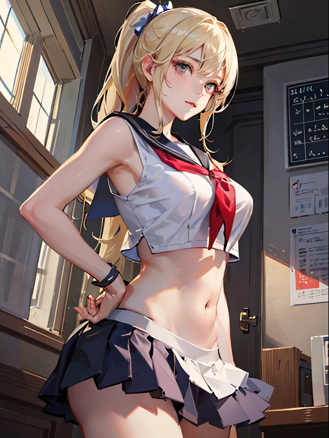 top-quality、Realistic、bule、High school students、a sailor suit、sleeveless、Very short skirt、Bare legged、Not wearing pants、Platinum Blonde Hair、Extraordinary Beauty、big eye、Voluminous lashes、submissive look、flushed cheeks