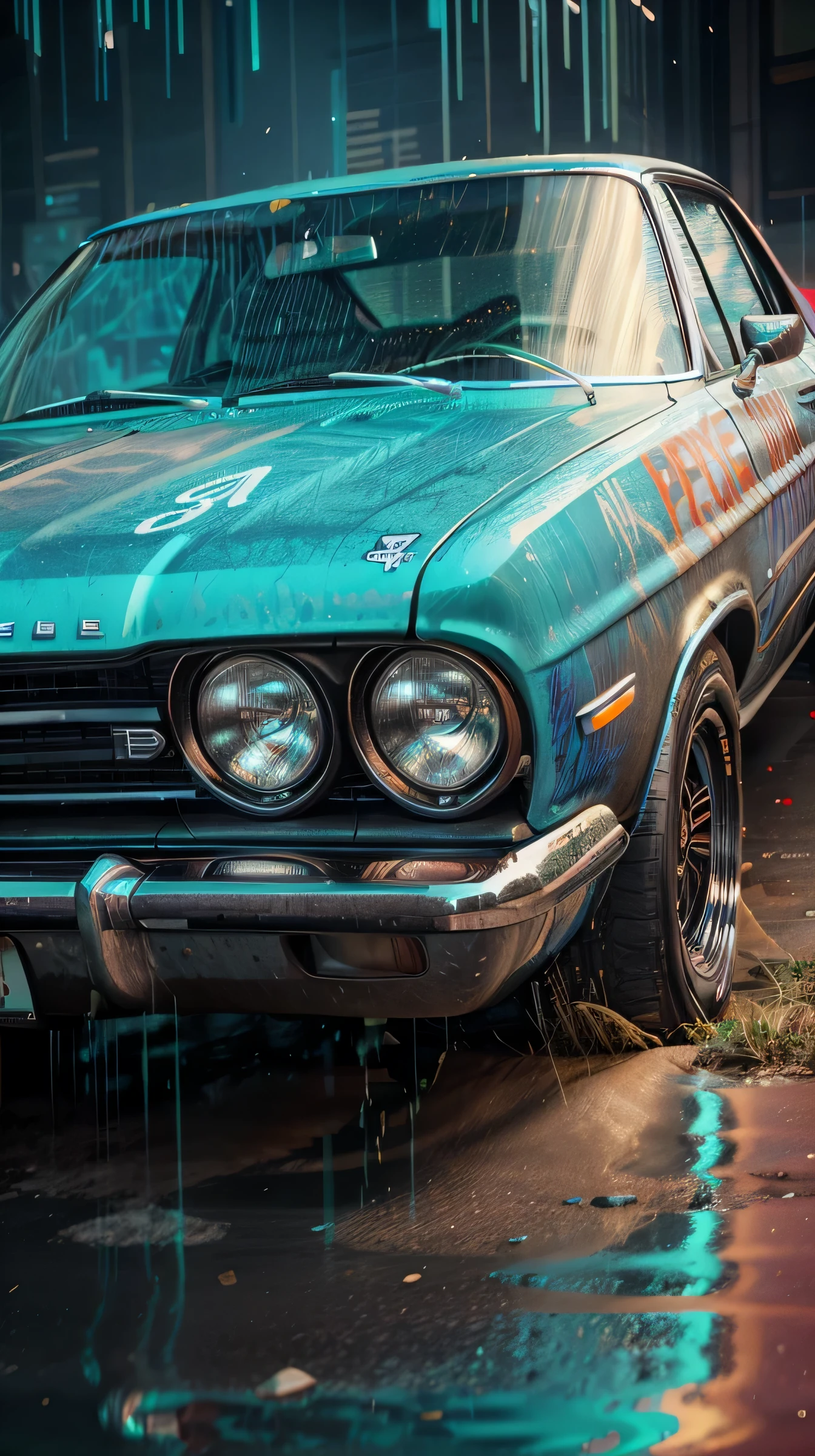 a close up of a car with graffiti on the hood and bumper, beeple. hyperrealism, beeple artwork, beeple daily art, dan mumford. octane render, beeple art, beeple |, realism | beeple, dan mumford. 8 k octane render, artgem and beeple masterpiece, beeple masterpiece