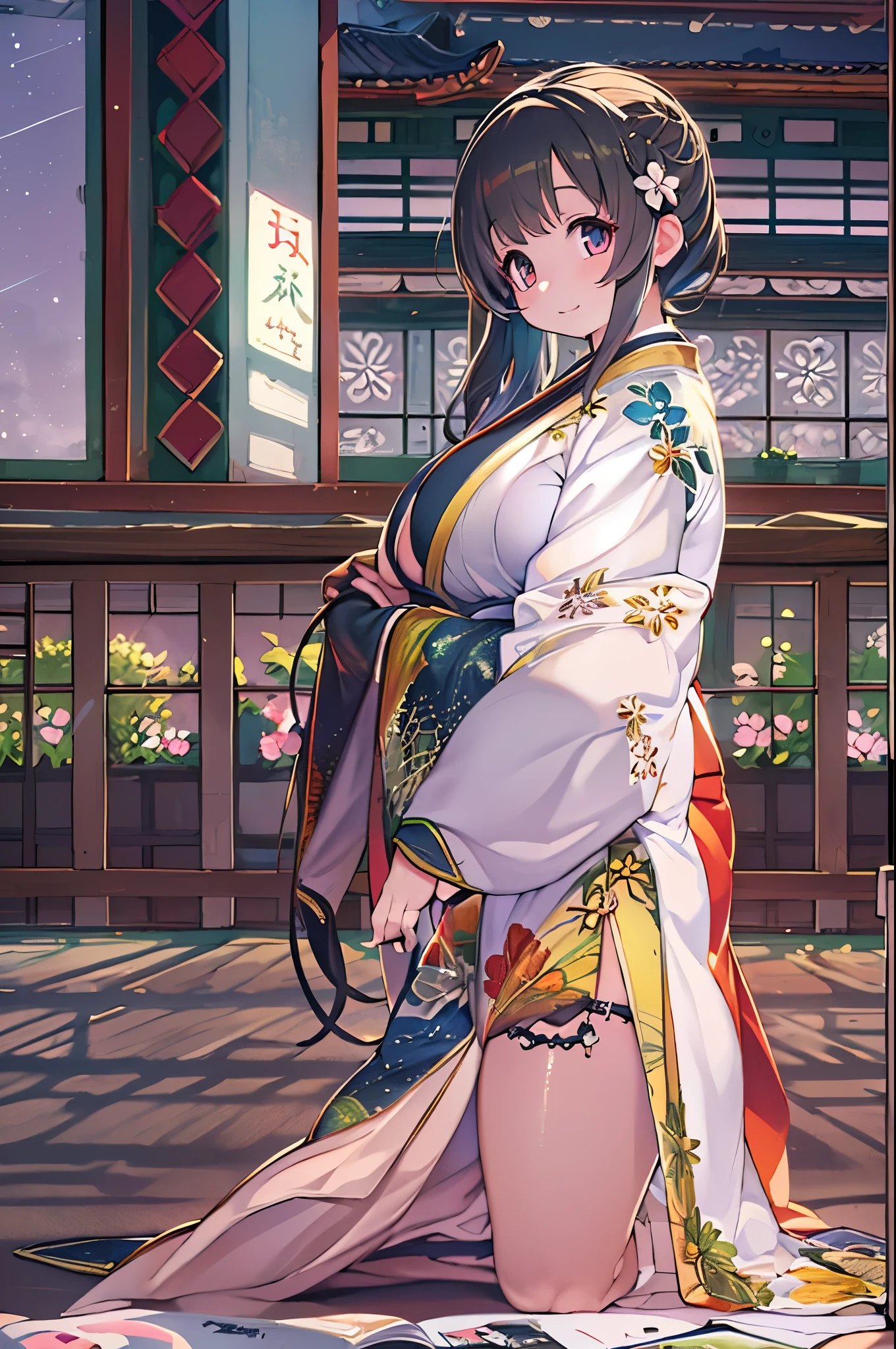 (Night:1.7), East Asian Architecture, sitting at attention,sitting on tatami, white_Kimono, Black_hair, long_hair, hair_Pulled_Back,parted_Lips,Purple_Eyes, braid, 1 girl, Manga,20yr old,maturefemale,Beautiful Finger,Beautiful long legs,Beautiful body,Beautiful Nose,Beautiful character design, perfect Eyes, perfect Face, Looking at Viewer,(Innocent_Big_Eyes:1.0),(light_Smile:1.0), Official art,the Extremely Detailed CG Unity 8K Wallpapers, Perfect Lighting,Colorful, Bright_front_Face_lightinasterpiece:1.0),(best_quality:1.0), 超hight resolution,4K,Ultra-detailed, Photography, 8K, nffsw, hight resolution, absurderes:1.2, Kodak Portra 400, Film grain, blurry Background, Bokeh:1.2, Lens Flare, (Vibrant_Color:1.2) (Beautiful,Large_breasts:1.4), (Beautiful_Face:1.5),(narrow_waist),