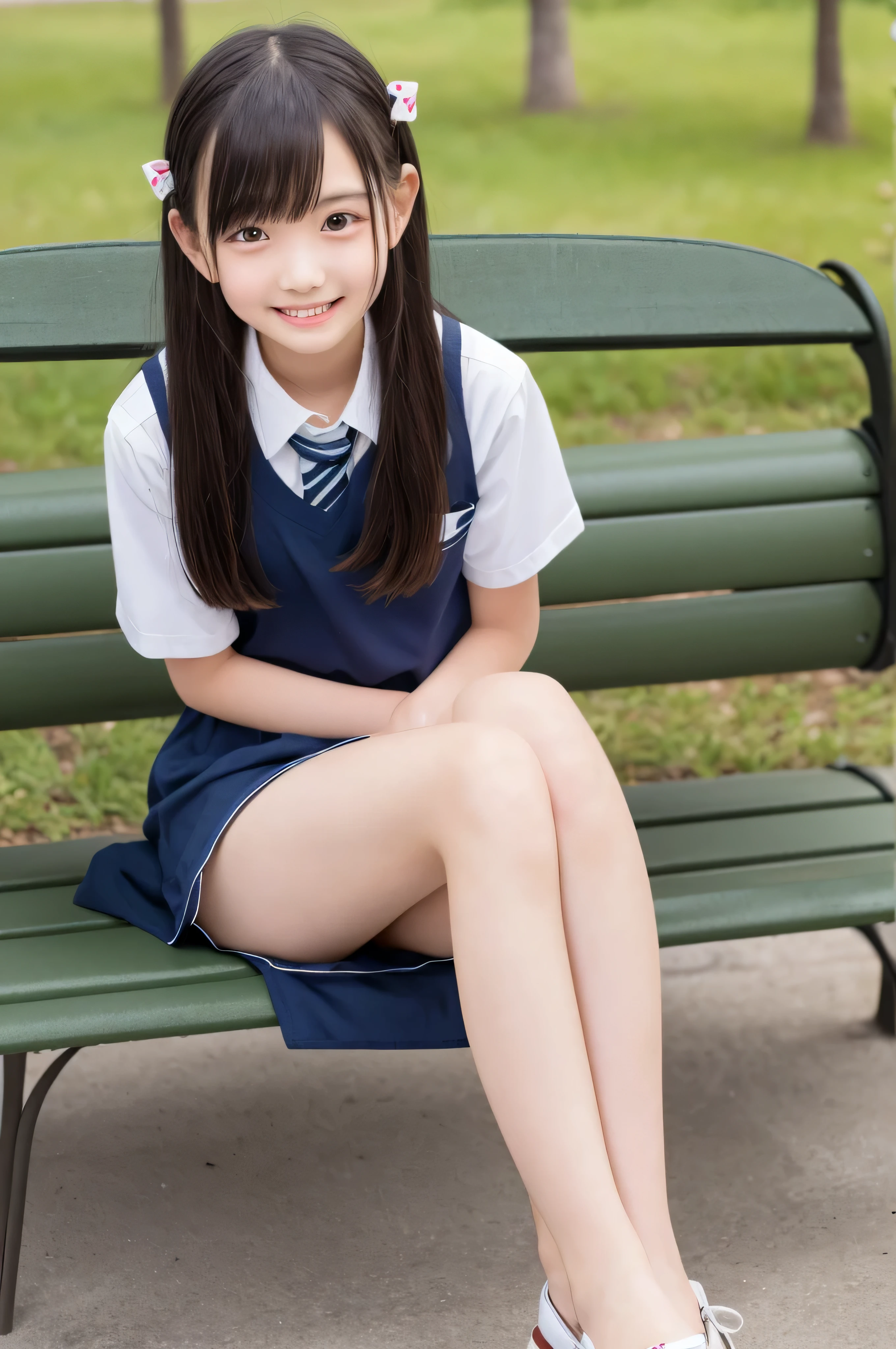 master piece, Best Quality,(12 years old Japan girl:1.5),(Looks like you're about to cry:1.3) ,(M-shaped legs spread on a park bench:1.8),(Summer clothes and hairpins for junior high school girls:1.8),Brown eyes,(Small:1.7),(long straight hair down to the knees:1.5),(Slender body,Skinny Legs),A detailed eye,Very white skin,Letting down your bangs,Detailed body,Detailed hand,No makeup, full body Esbian, Smile,smile showing white teeth