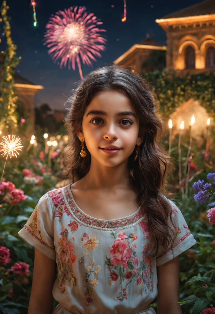 A girl in a garden with festive New Year's celebrations in Egypt in 2024, fireworks lighting up the sky, people joyfully gathering in the streets, eagerly anticipating the arrival of the new year. The artwork is created using various mediums such as illustrations, oil paintings, 3D renders, and photography. The scene showcases ultra-detailed visual elements, with a focus on the girl's beautiful, detailed eyes, lips, and face, ensuring that the facial features are accurately depicted. The image quality is of the highest standards, with the prompt including tags like "best quality, 4k, 8k, highres, masterpiece:1.2," and "ultra-detailed, (realistic, photorealistic, photo-realistic:1.37)," highlighting its exceptional quality. The lighting in the garden is carefully composed, with the colors and tones adding to the overall ambiance and atmosphere of the scene. The prompt incorporates joyful and vibrant colors, capturing the energy and excitement of the New Year celebrations. The prompt encompasses the art style of portraits, portraying the girl in a beautiful and captivating manner. Additionally, the prompt may include details such as the girl's appearance, emotions, clothing, pose, perspective, and background to bring the artwork to life.