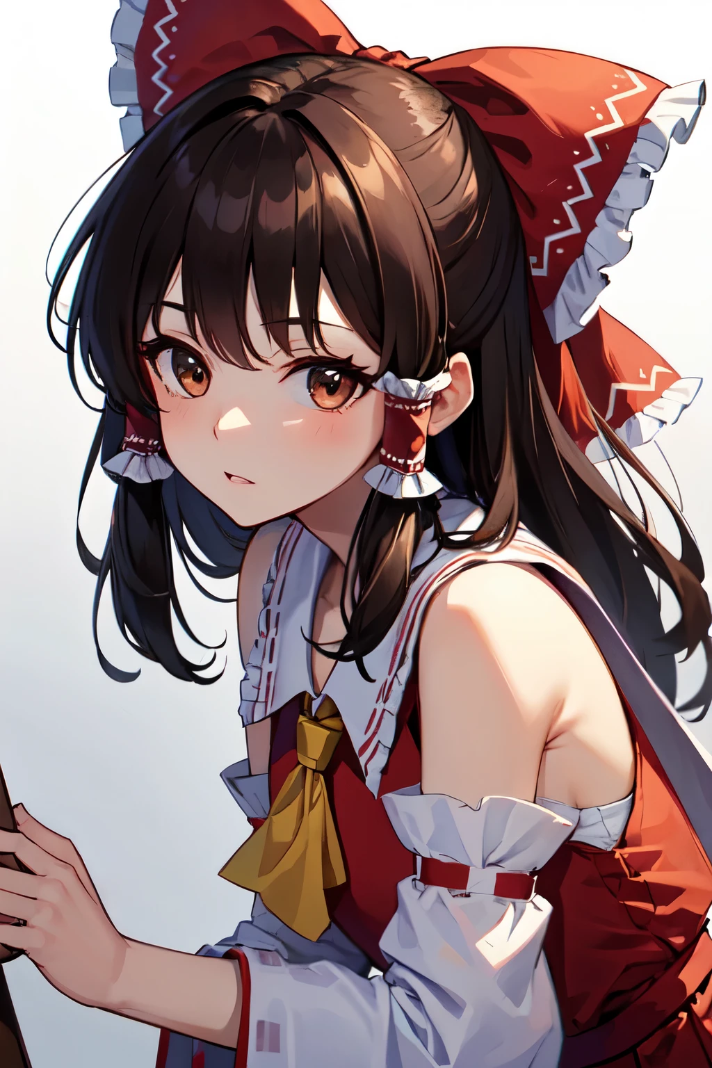 detailed background, masterpiece, best quality, 1girl, hakurei reimu, brown hair, hair tubes, hair ribbon, brown eyes, touhou project