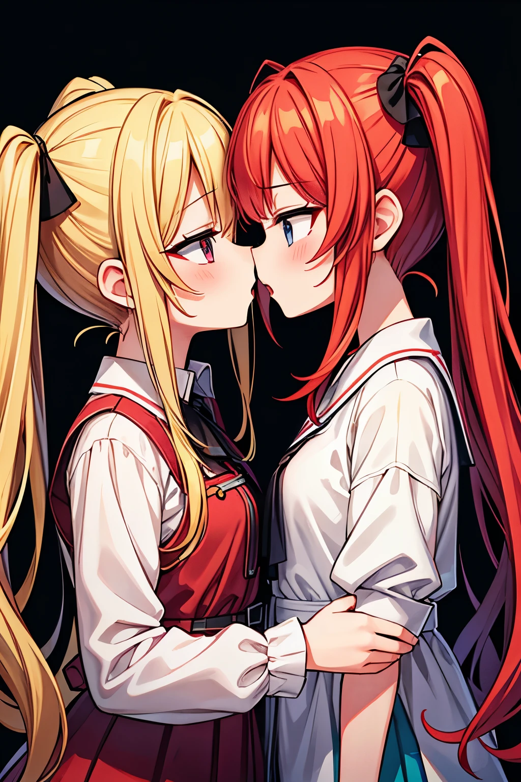 A girl with blonde twintails and a girl with red hair with both sides raised touch their noses., Open your mouth wide to the maximum, and smell each other&#39;s breath.