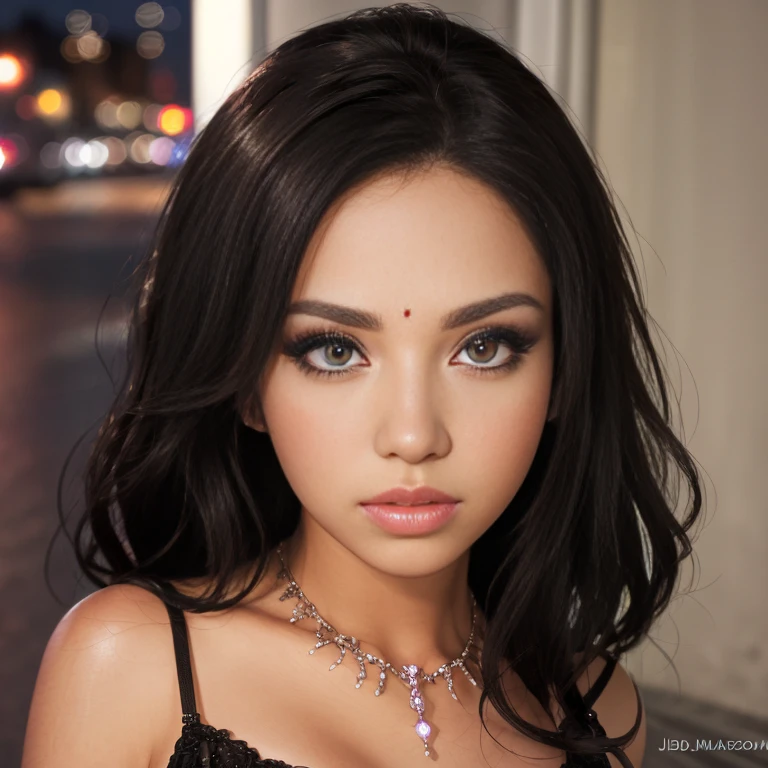 Picture, best quality, a woman in the city at night, night dress, photo of beautiful HBmake up, jewlery, looking at viewer, perfect face, perfect eyes, sharp focus, Intricate, High Detail, dramatic, photorealistic,