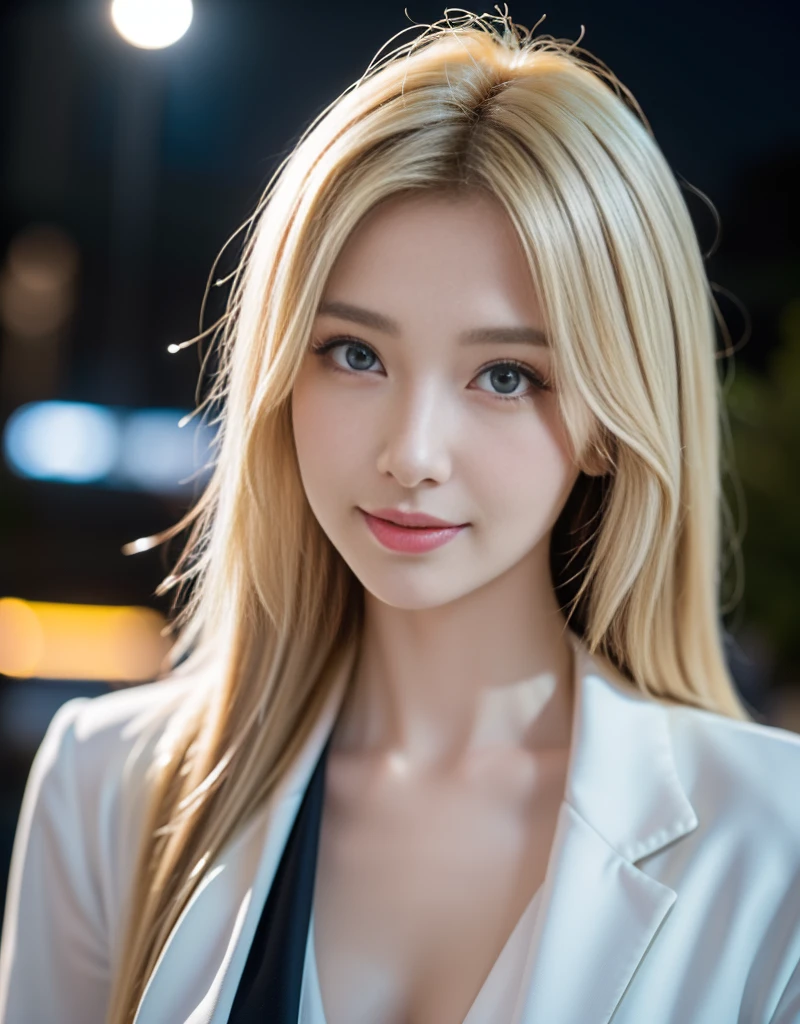 tmasterpiece,Highest image quality,super detailing,(1 Sister), The beautiful, amazing face and eyes, Delicate and beautiful face, (The best look), (The beautiful大胸:1.1), (Best quality at best:1.4), (ultra - detailed), (extremely detaild的 CG unified 8k wallpapers), Very meticulous, RAW photogr, professional photoshooting, ((buisness suit)), (Open business shirt),blond hair blue eyes,Outdoor sports, (down town, nightcity, rays of moonlight), (nigh sky), depth of fields,Accurate depiction,The sexiest look,The beautiful捕梦网耳环,Enchanted smile,face flushed,