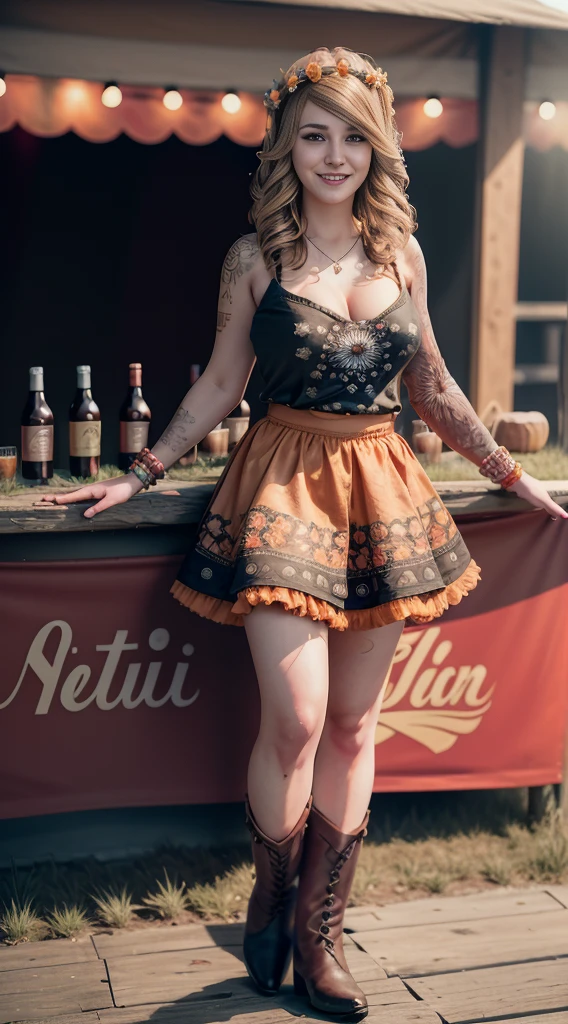 Katedbdl2023, 1girl, 8k, uhd, trending on arstation, best quality, masterpiece, wavy hair, flower crown on head, skin pores, 5 fingers, tattoo, standing, orange dirndl, at the Oktoberfest, smiling, cleavage, black boots, full body, looking to viewer, body turned to viewer,
