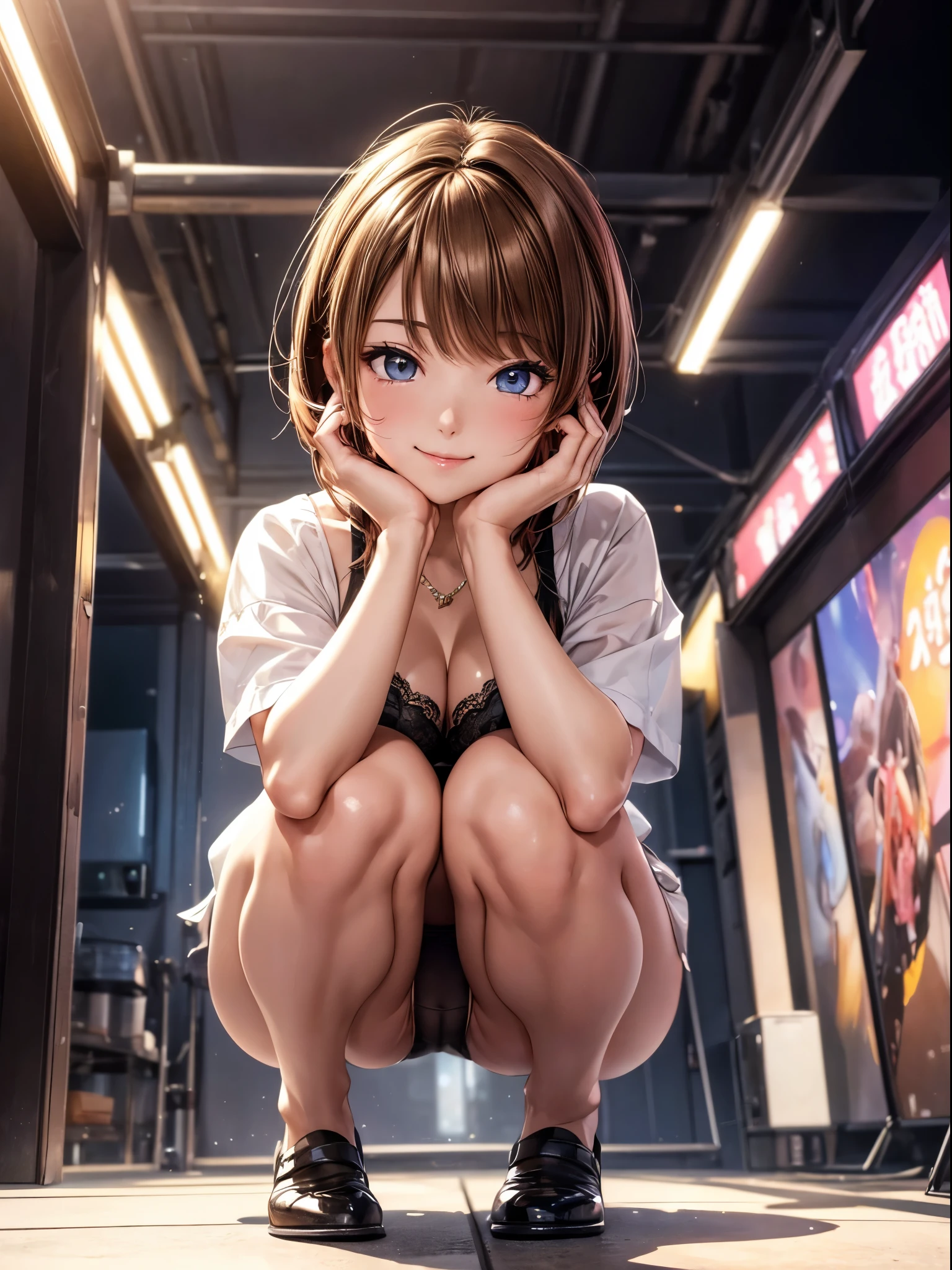 ((masterpiece)), ((best quality)), (ultra-detailed), ((extremely detailed)), 4K, (8K), best quality, (beautiful), anime style, full body, focus on the face, full body focus, from below, Live performance venue, a cute girl, 1girl, solo, idol, (squatting panty shot:1.2), young entertainer, beautiful light brown hair, beautiful brown eyes, ((beautiful eyes)), short hair, light smile, shiny-glistening, gleaming,professional lighting