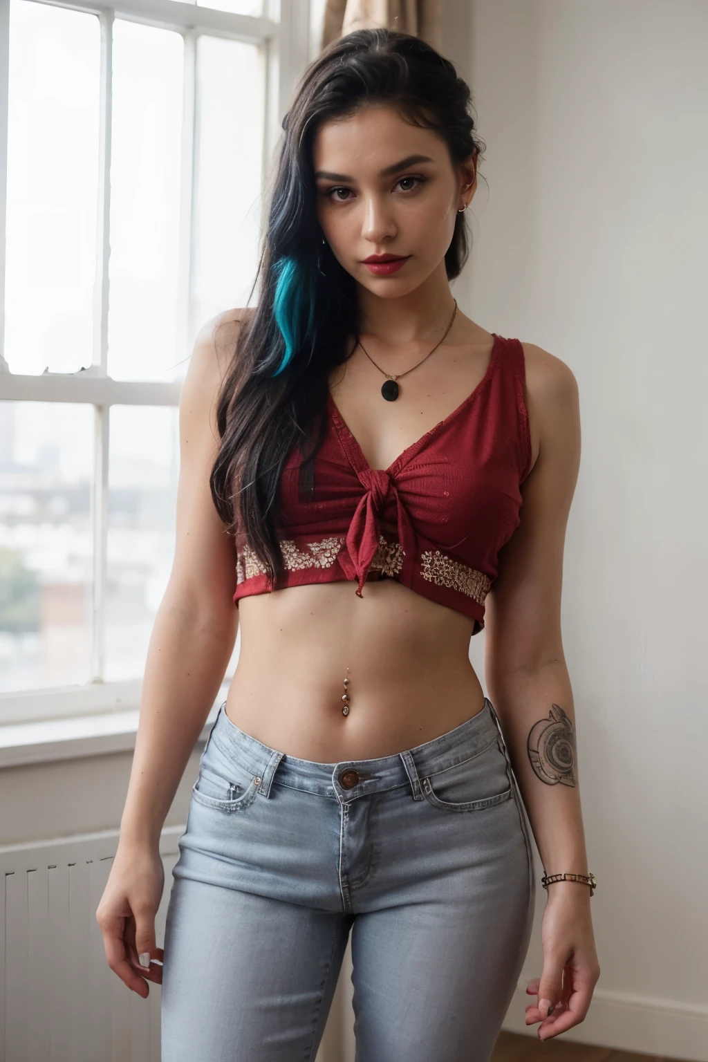 Beautiful skinny girl, black and blue hair in a ponytail, patterned top, skinny jeans, makeup, freckled face, great face lighting, great quality, shapely legs, thin white necklace, bracelet, belly tattoo, navel piercing, earrings, red lipstick