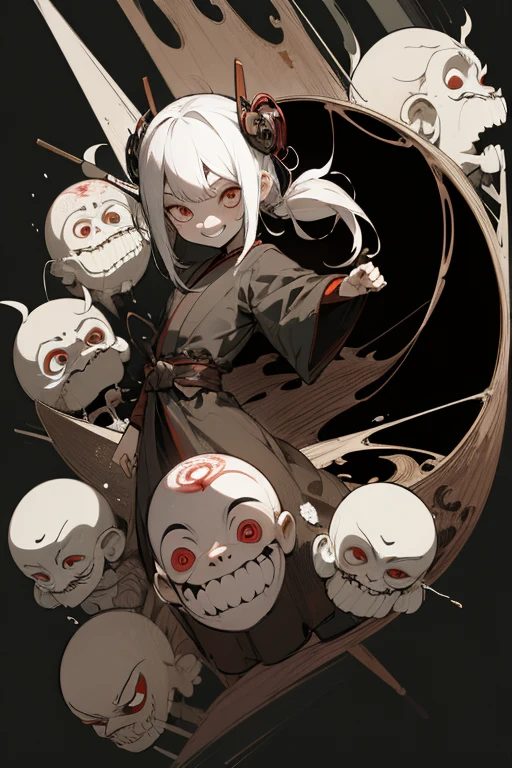 (black background), ((yokai)), bugaboo, Chojugiga, (eerie), rough sketch, (Clear), (obvious), (masterpiece), (high resolution), (super delicate), (8k), full body, (horror elements), horrific, nightmare, eerie worldview, primitive art, old picture scroll style, cartoon style, old staging, Ancient mural style, anthropomorphism, Outline warm color, Shihon Bokuga, Sumi-e, Japanese painting, Crazy illustrations, antique, Dark atmosphere, flat illustration, doll-like face, horror factor, Crazy smile, spooky look, personification of junk, Distinctive hair style, Creative accessories, individualistic atmosphere, dripping blood