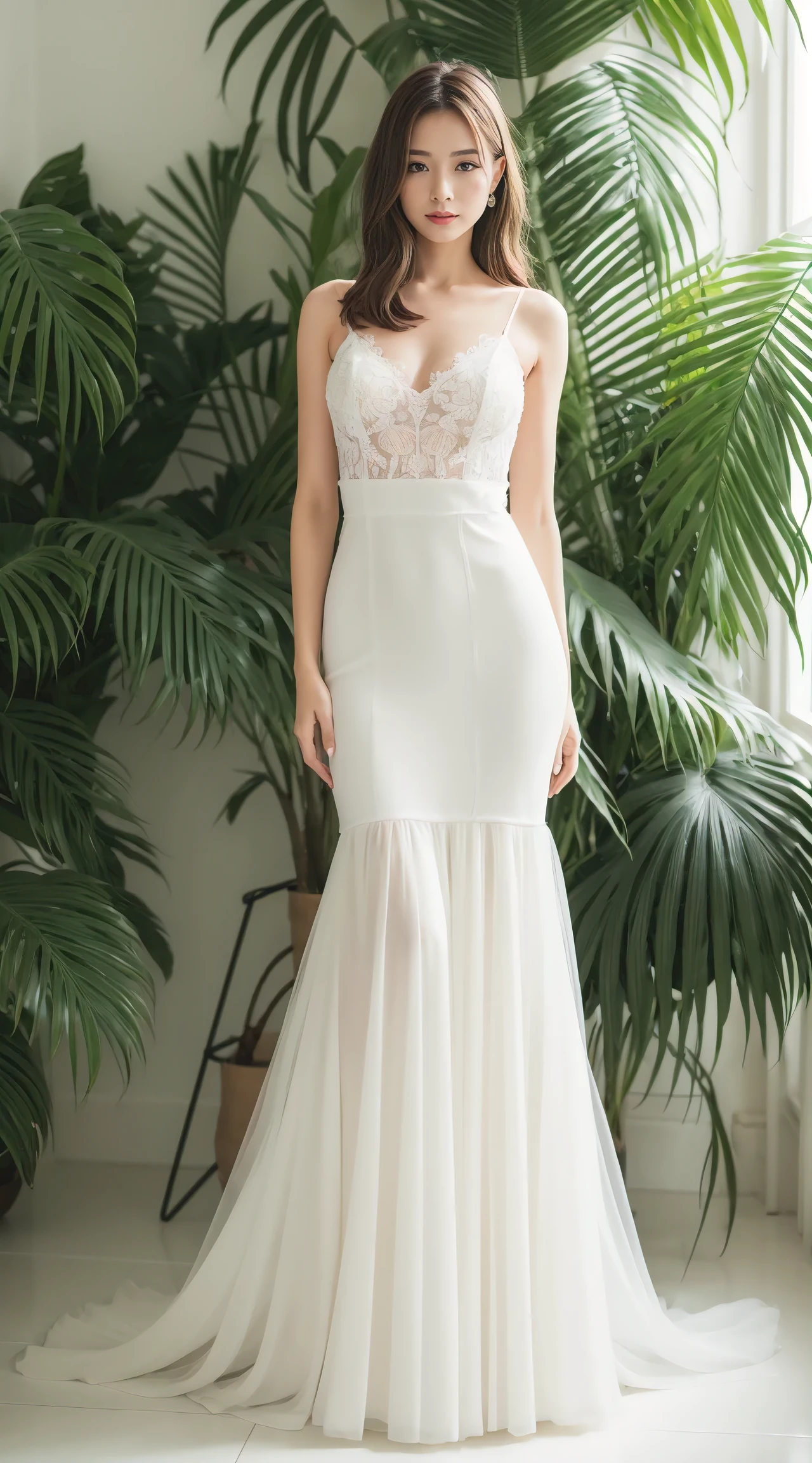 Best quality, 8k, 32k, Masterpiece, Masterpiece, (Photorealistic: 1.4), RAW photo, ultra realistic, 1girl，Wearing a white mermaid wedding dress, tulle fabric, full length view, pose in white room with indoor decorative palm tree, Stand upright