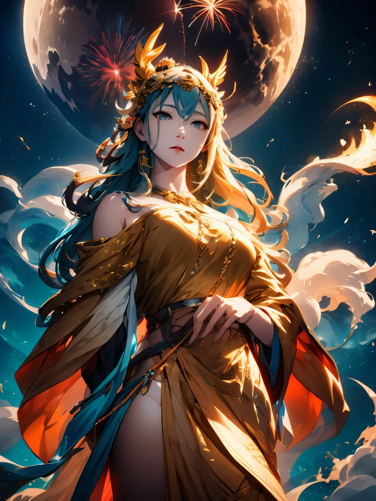 An anime girl,fire works,natta,themoon,Official fan art,high high quality同人画,style of anime,offcial art,high detal,high high quality,Nice atmosphere,Exquisite,cg render,detail render,(Exquisite面部刻画)(Fine hair depiction)(Best quality at best)(tmasterpiece)(High degree of completion)(a sense of atmosphere)(bust)
