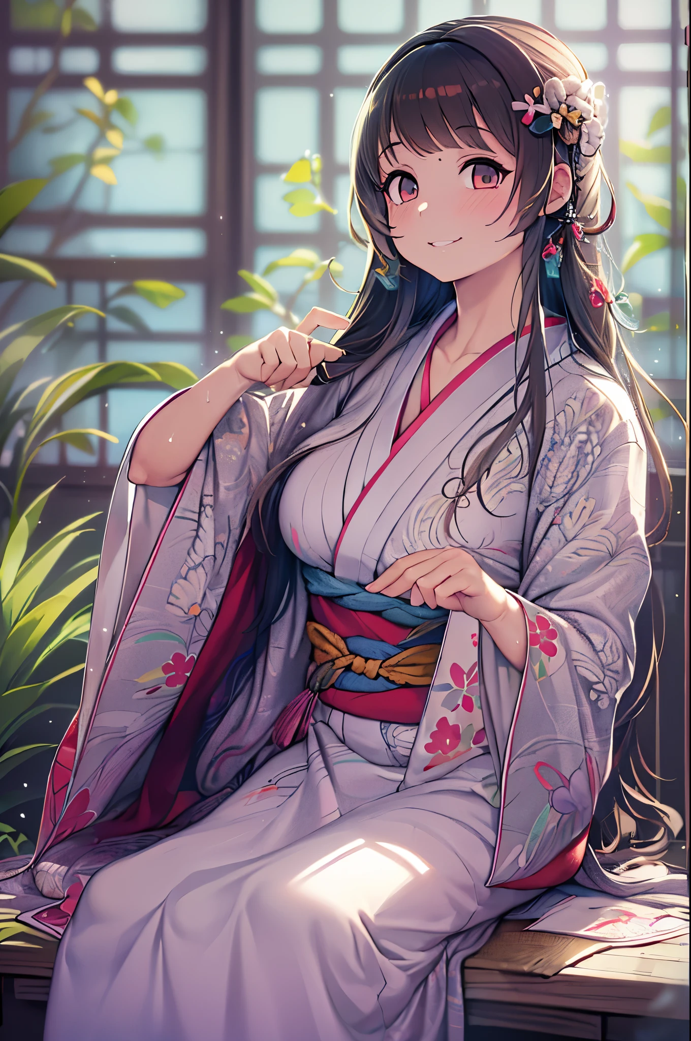 (Night:1.7), East Asian Architecture, sitting at attention,sitting on tatami, white_Kimono, Black_hair, long_hair, hair_Pulled_Back,parted_Lips,Purple_Eyes, braid, 1 girl, Manga,20yr old,maturefemale,Beautiful Finger,Beautiful long legs,Beautiful body,Beautiful Nose,Beautiful character design, perfect Eyes, perfect Face, Looking at Viewer,(Innocent_Big_Eyes:1.0),(light_Smile:1.0), Official art,the Extremely Detailed CG Unity 8K Wallpapers, Perfect Lighting,Colorful, Bright_front_Face_lightinasterpiece:1.0),(best_quality:1.0), 超hight resolution,4K,Ultra-detailed, Photography, 8K, nffsw, hight resolution, absurderes:1.2, Kodak Portra 400, Film grain, blurry Background, Bokeh:1.2, Lens Flare, (Vibrant_Color:1.2) (Beautiful,Large_breasts:1.4), (Beautiful_Face:1.5),(narrow_waist),