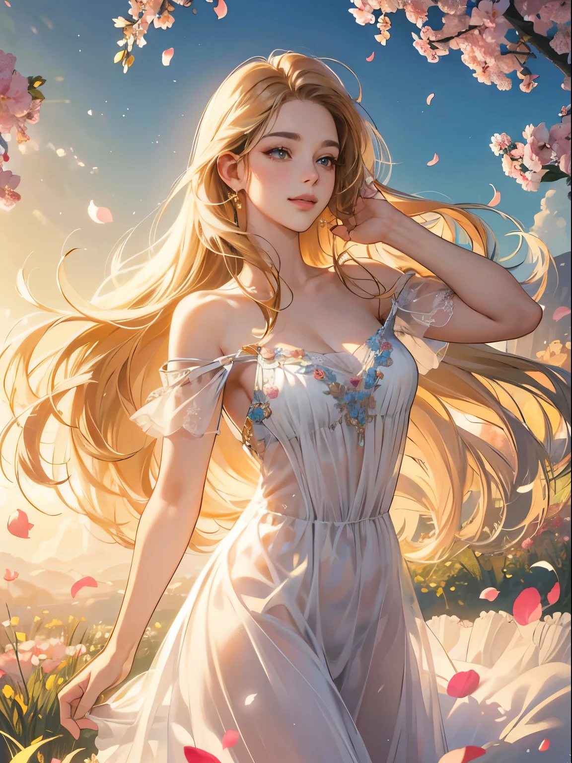 (best quality,4k,8k,highres,masterpiece:1.2),ultra-detailed,(realistic,photorealistic,photo-realistic:1.37),portraits,studio lighting, bright colors,long hair,flowing hair,beautiful detailed eyes,beautiful detailed lips,smile,daydreaming,stylish dress,vibrant background,captivating,whimsical,spring garden,golden sunlight,serene atmosphere,dreamy,dancing petals,soft breeze,delicate flowers,harmonious colors,playful expression,feminine beauty,relaxed pose,warmth and joy,nature's embrace,artistic lighting,magical ambiance.