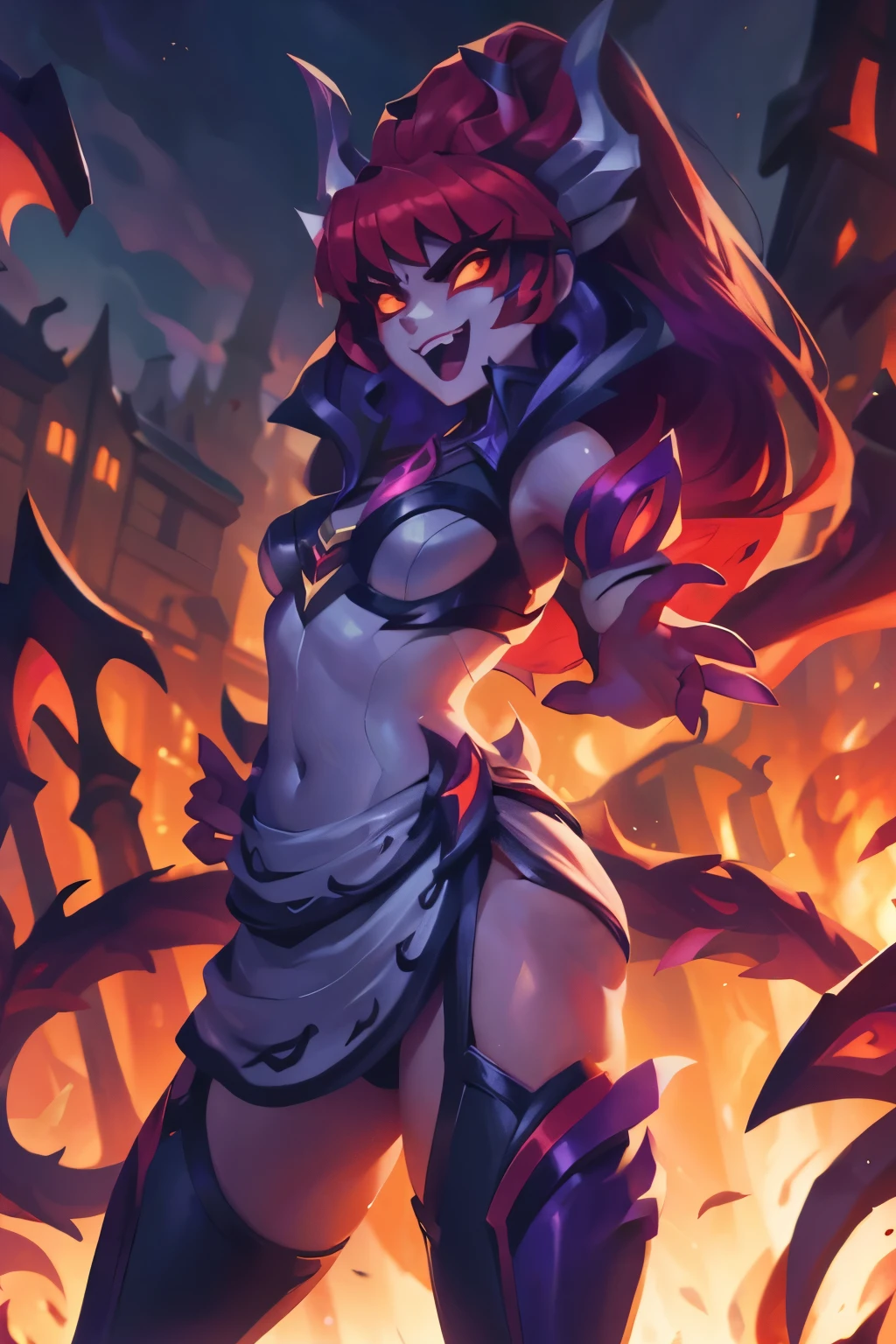 Zyra - Crime City Nightmare- League of Legends a high definition, 8k, Cara detallada, agarrando su pecho, mostrando su pecho, ((senos grandes)), delgado y delgado, body of equal proportion in his chest)), Front view, cuatro dedos y 1 pulgar, ((2 manos de cabello rojo, sonrisa maligna, facial expression evil at viewer, Mejillas sonrojadas, cabello rojo