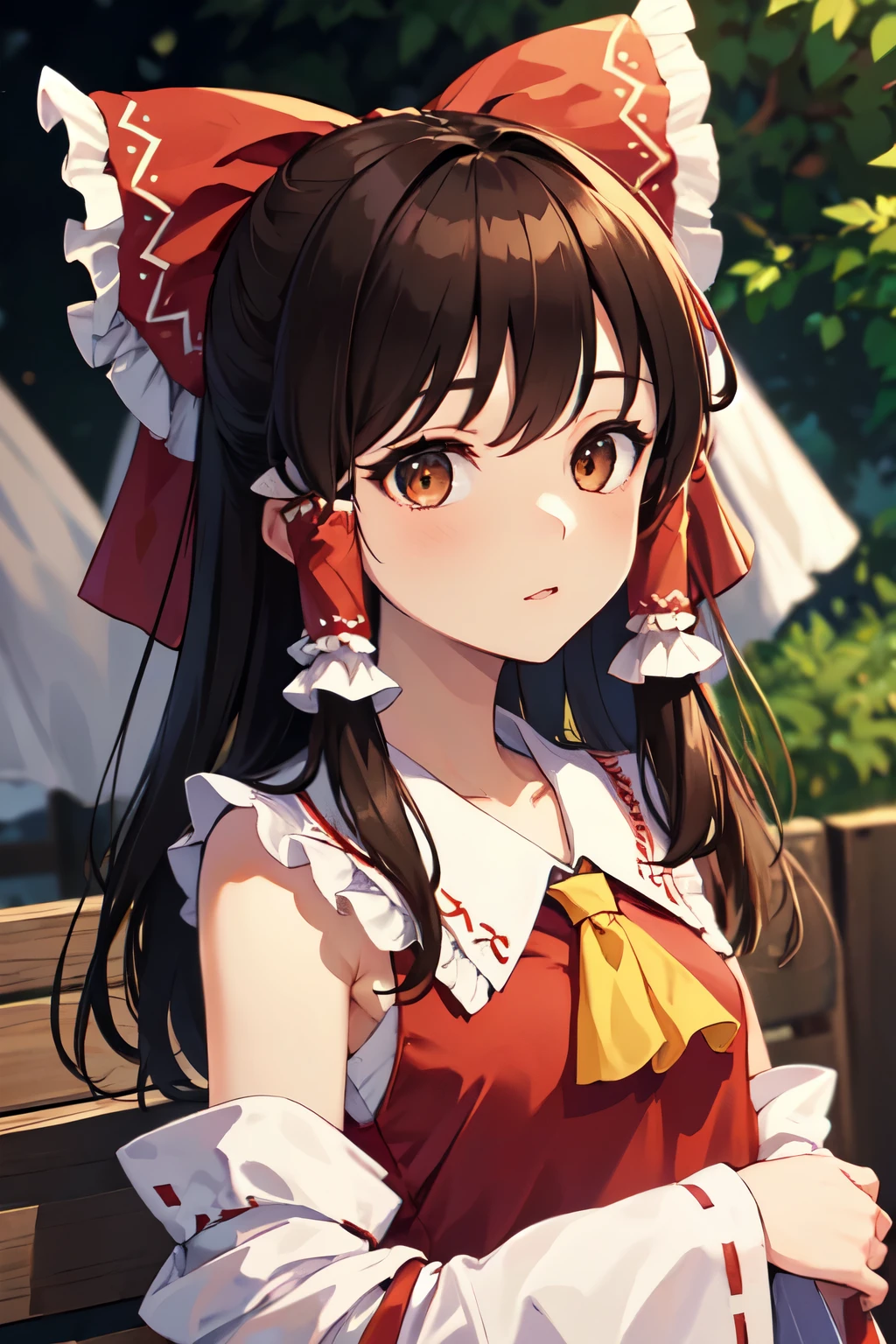 detailed background, masterpiece, best quality, 1girl, hakurei reimu, brown hair, hair tubes, hair ribbon, brown eyes, touhou project