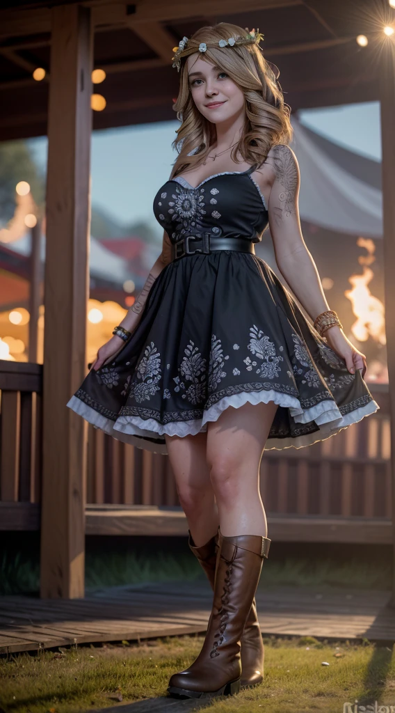 Katedbdl2023, 1girl, 8k, uhd, trending on arstation, best quality, masterpiece, wavy hair, flower crown on head, skin pores, 5 fingers, tattoo, standing, dirndl, at the Oktoberfest in Austria, smiling, cleavage, black boots, full body, looking to viewer, body turned to viewer,