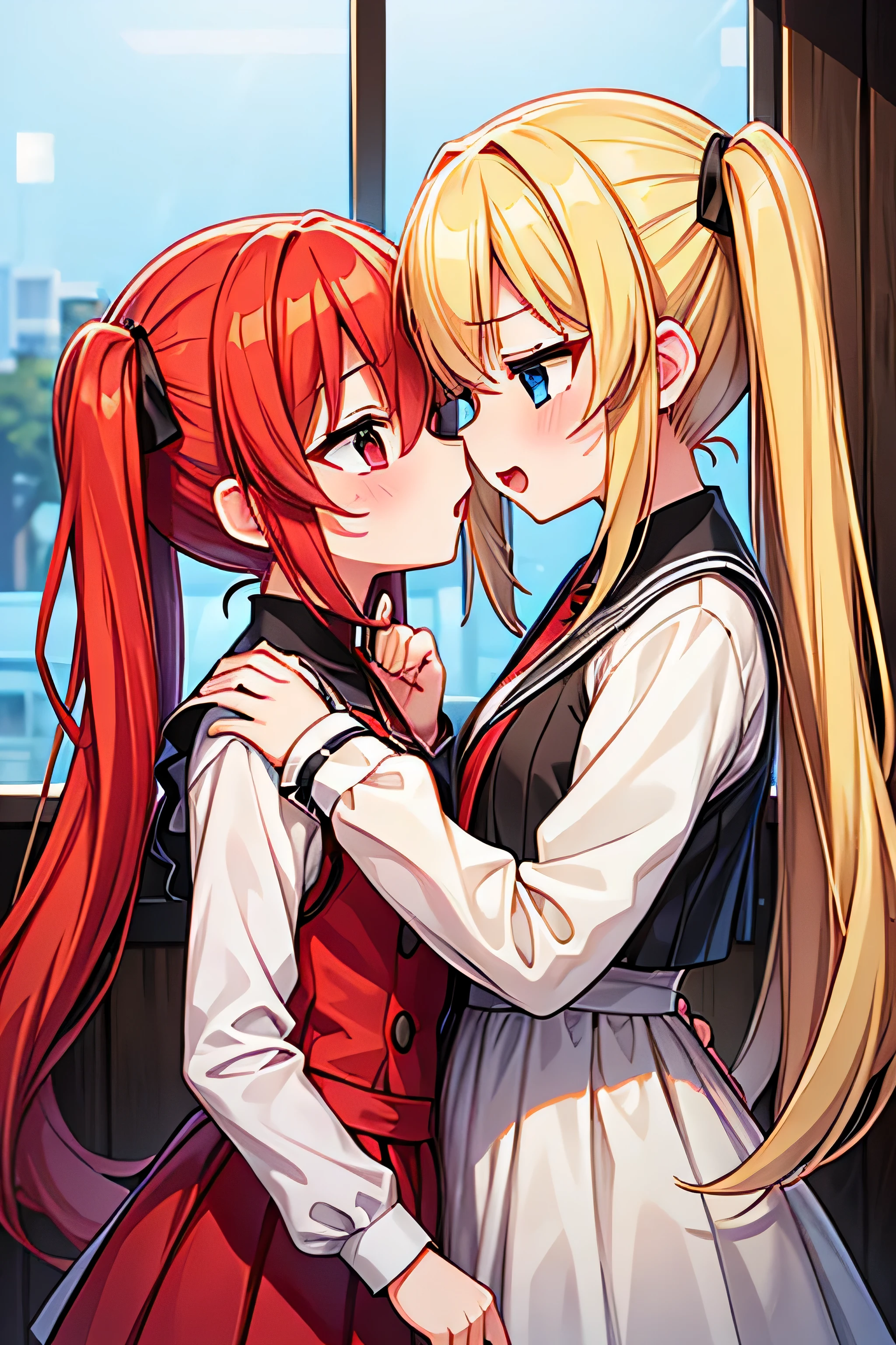 A girl with blonde twintails and a girl with red hair with both sides raised touch noses.., Open your mouth wide to the limit, and smell each other&#39;s scent&#39;breathless.