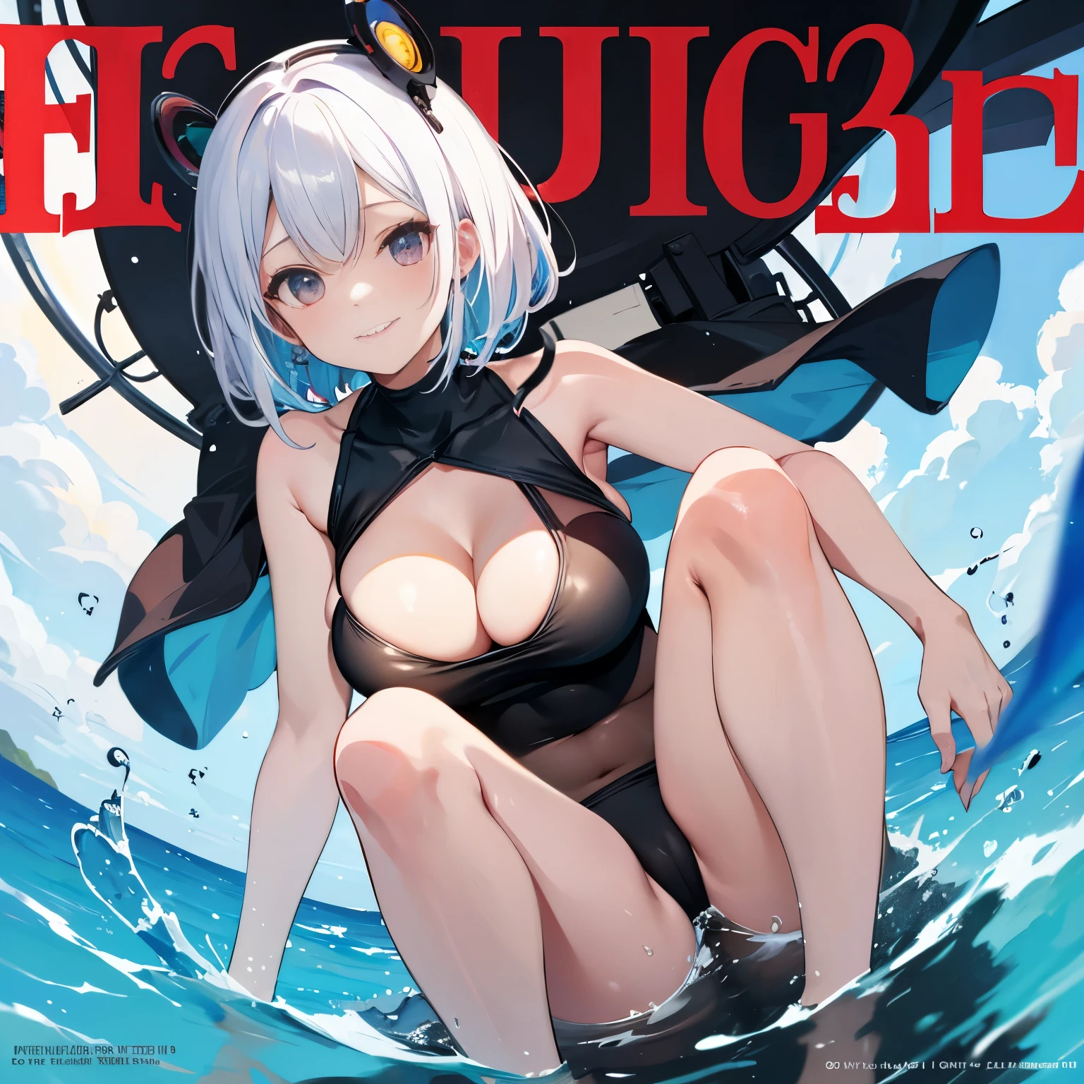(masutepiece:1.2, Best Quality, Top Quality, Lens Flare, Depth of Field,), (Close Up: 1.3), (Wide Shot, Fisheye: 0.85), Face Focus, [1 girl in, expressioness,big boobs,swim wear, smile] , Magazine cover