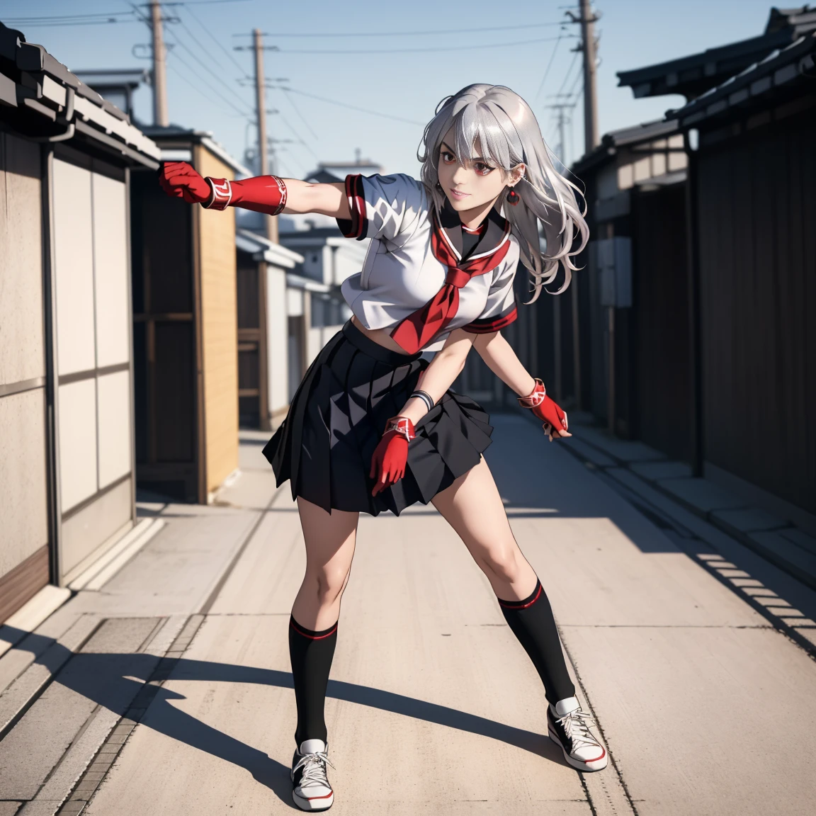 sukeban illyasviel_von_einzbern, mature_female, silver hair, holding yoyo, combat pose, full body, flowing hair, hair between the eyes, asymmetrical hair, red eyes, delicate facial features, sukeban deka clothe, looking_at_viewer, outdoors, background tokyo, ((solo, solo focus, solo girl,1girl))+++++,woman in a 80's sukeban seifuku standing on a set of strees, black school uniform, 80's japanese sukeban photo, sukeban seifuku,  80's japan, sukeban, long black skirt, red converse, full body, light skin tone female, full body, tape, arm_support, gloves, red_gloves, bridal gauntlets, blackred_footwear, fighter outfit, full body, hourglass, mature face, cheeky smile, cheeky face, wrinkles,( silver long hair, earrings, ear piercings), realistic, (fighting art, Martial arts, standing, fighting_stance, fight, fighting), extra colors, 2D, megapixel, perfectionism, accent lighting, full HD , 4K, masterpiece, empty red eyes