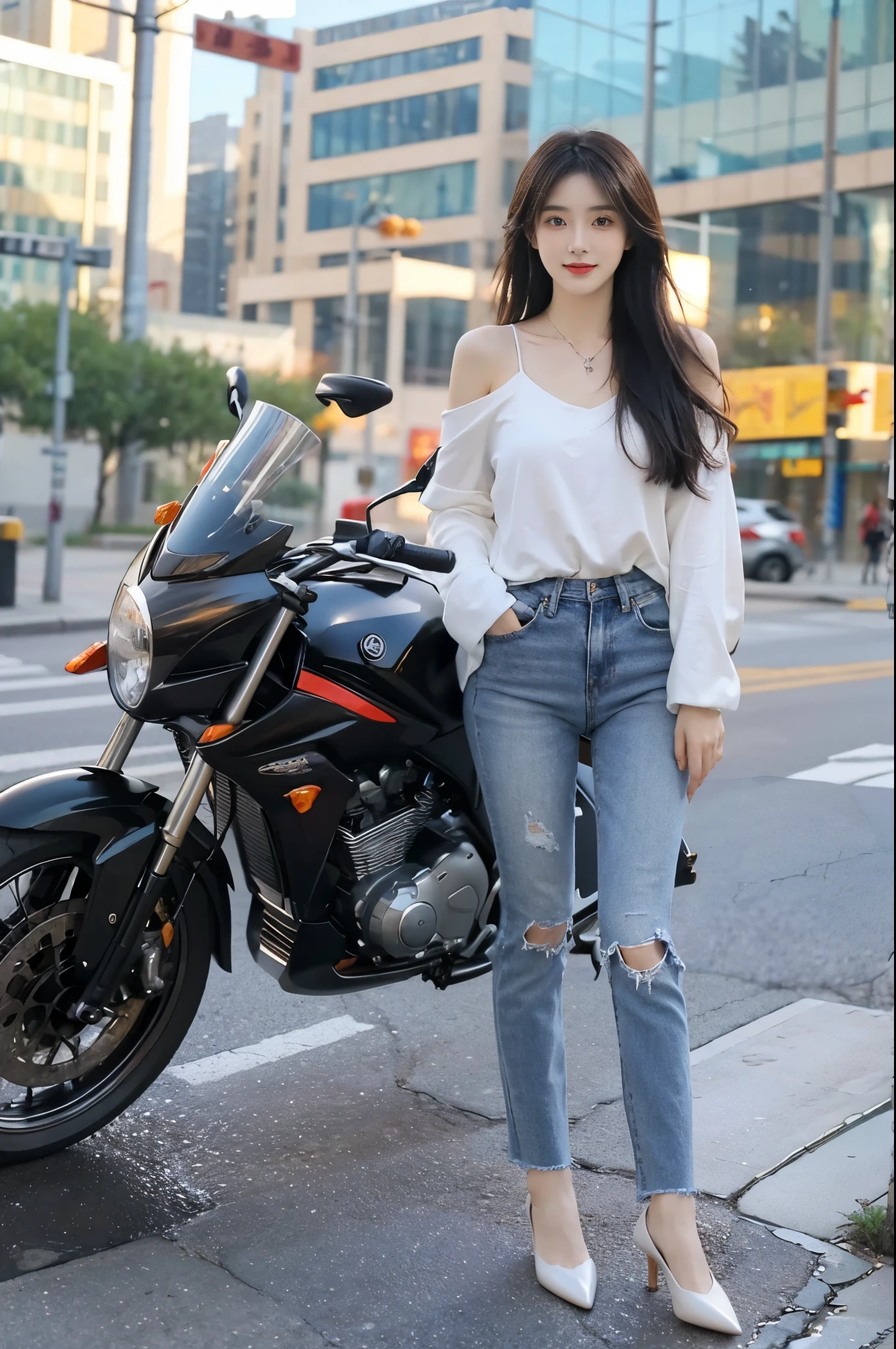 (hyper realisitc) , (illuminations), (Increase the resolution), (8K), (The is very detailed), (Best Best Illustration), (beautidful eyeest quality), (ultra - detailed), (tmasterpiece), ( Wallpapers), (Detailed faces), Sister standing next to the motorcycle,tall and slim figured,Wearing black leather jacket,Wear yours with a pair of skinny jeans,Showing off her slender legs。Her makeup is exquisiightly apply powder,Make her skin look fairer and more delicate。Her long black hair is spread over her shoulders,Gently flutter with the wind,Adds a bit of chicness and 。
Her eyes were bright and focused,the corners of your mouth rise slightly,Show a confident smile。A silver necklace is worn around his neck,Adds a bright color to the whole outfit。Wearing a pair of black high heels on her feet,Make her more upright and confident。
My sister exudes a unique temperament,Full of fashion and vitality,Without losing the femininity and gentleness。She is standing next to the motorcycle,Like a beautiful landscape,Attracting the attention of everyone around。