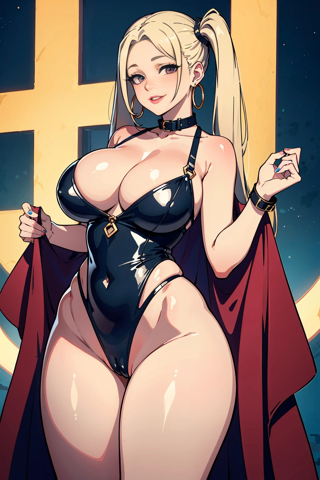 nsfw 1girl in pink latex dresimbo))),hoop earrings, Puffy lips, Painted lips, thick lips. Blonde hair, short twintails, wide hips, thick thighs, Bursting breasts ,evil smile