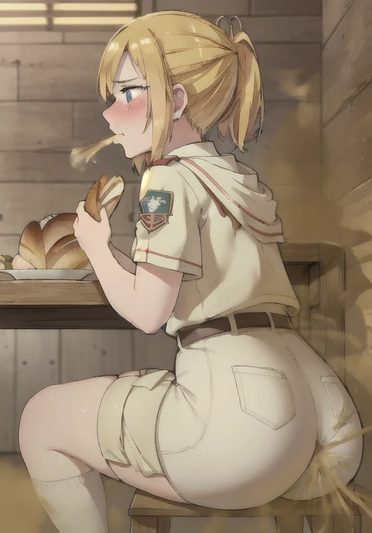 explorer blonde girl, hat, green loose shirt, rolled up sleeves, short sleeves, blue pants, short hair, kneeling, blowjob, dark-skin-man, in the african savanna, 3d