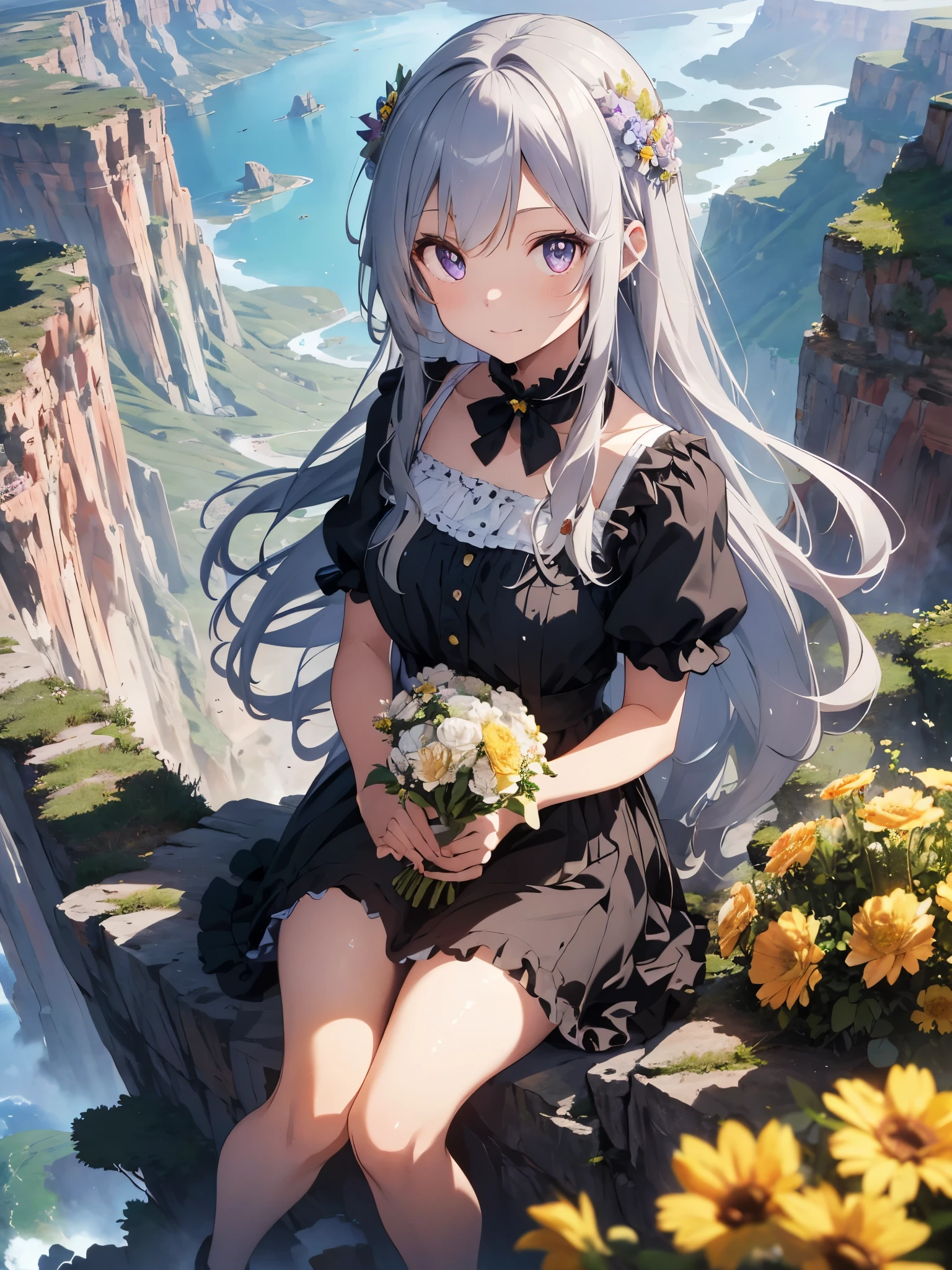 (Best Quality, High resolution, Illustration, Extremely high quality, High Definition, Ultra-fine details), A girl with long silver hair is sitting on a beautiful cliff covered with flowers、Light purple eyes, a slight smile on her face, Holding a large bouquet of flowers, Wearing an ethnic-style dress with cute ruffles on the shoulders, Hair swaying in the wind.On a sheer cliffに (On a sheer cliff)
Sitting on a cliff, legs hanging (hang one'legs are raised (Perspective from above)
Floating hair (Hair that flutters in the wind)
vast canyon (vast canyon)
abyss (Deep hole、abyss)、(((Holding a bouquet)))