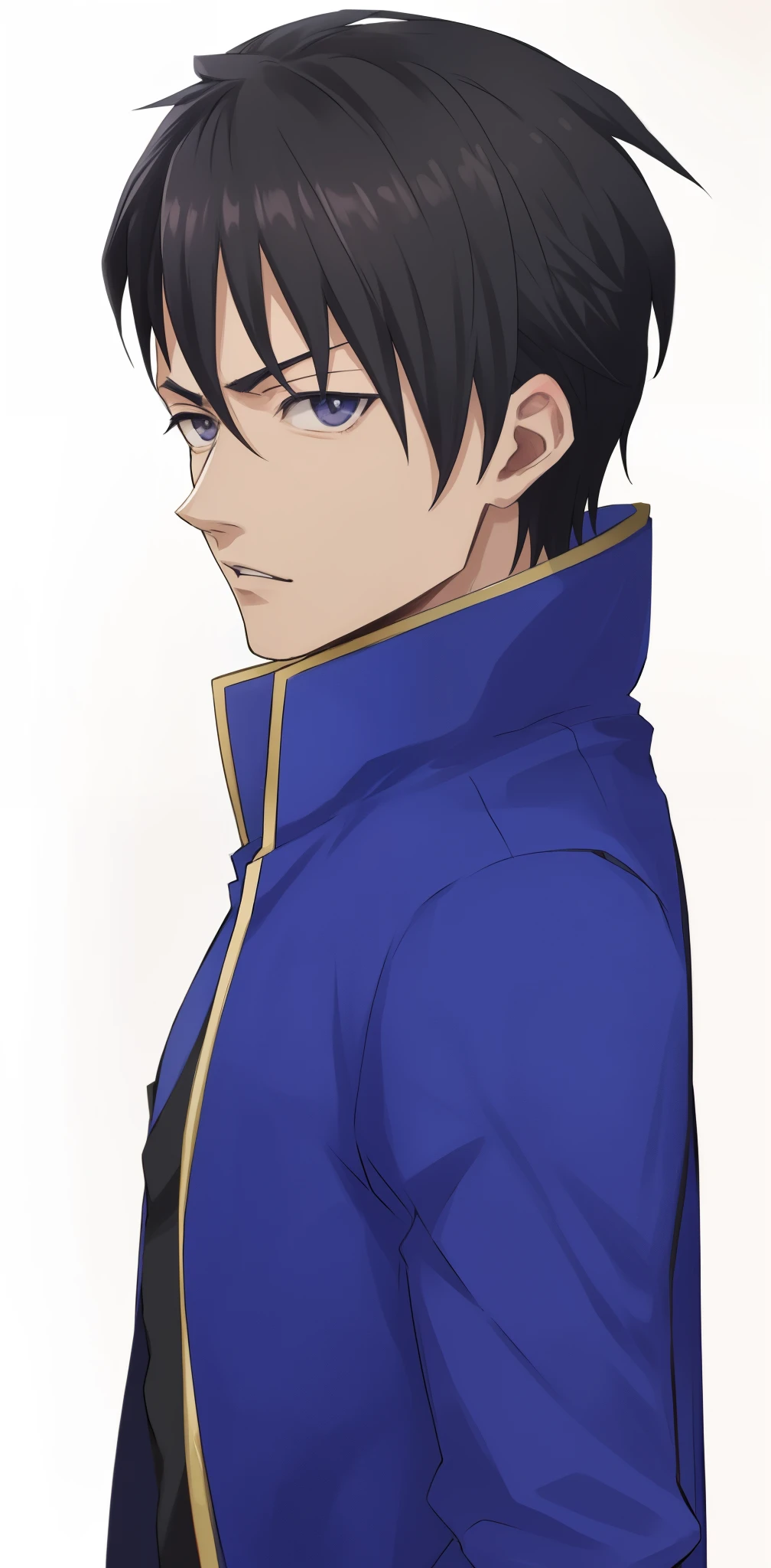Anime black eyes man in a blue jacket, nobutaka ike, hijikata toushirou, anime style like faay night, tall anime guy with black eyes, hijikata toushirou of gintama, male anime character, okata kazuto, young anime man, by Kose Kanaoka, anime handsome man
