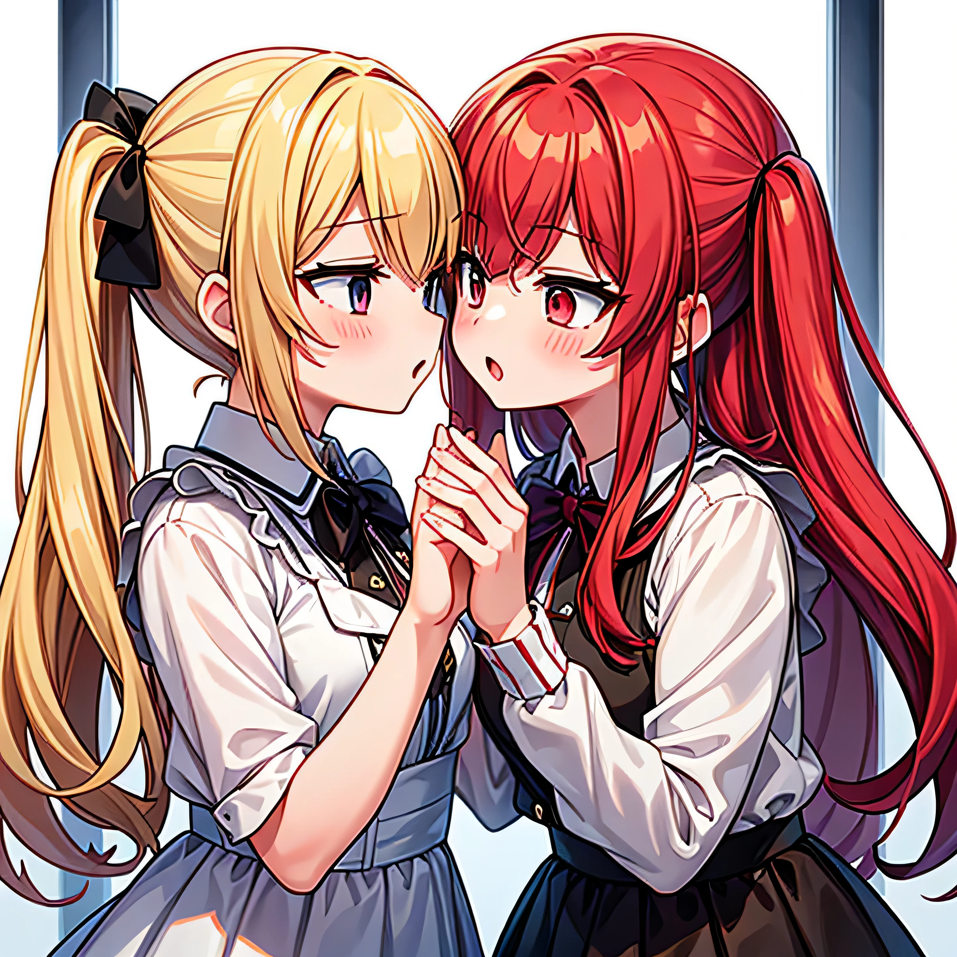 A girl with blonde twintails and a girl with red hair with both sides raised touch noses.., Open your mouth wide to the limit, and smell each other&#39;s scent&#39;breathless.