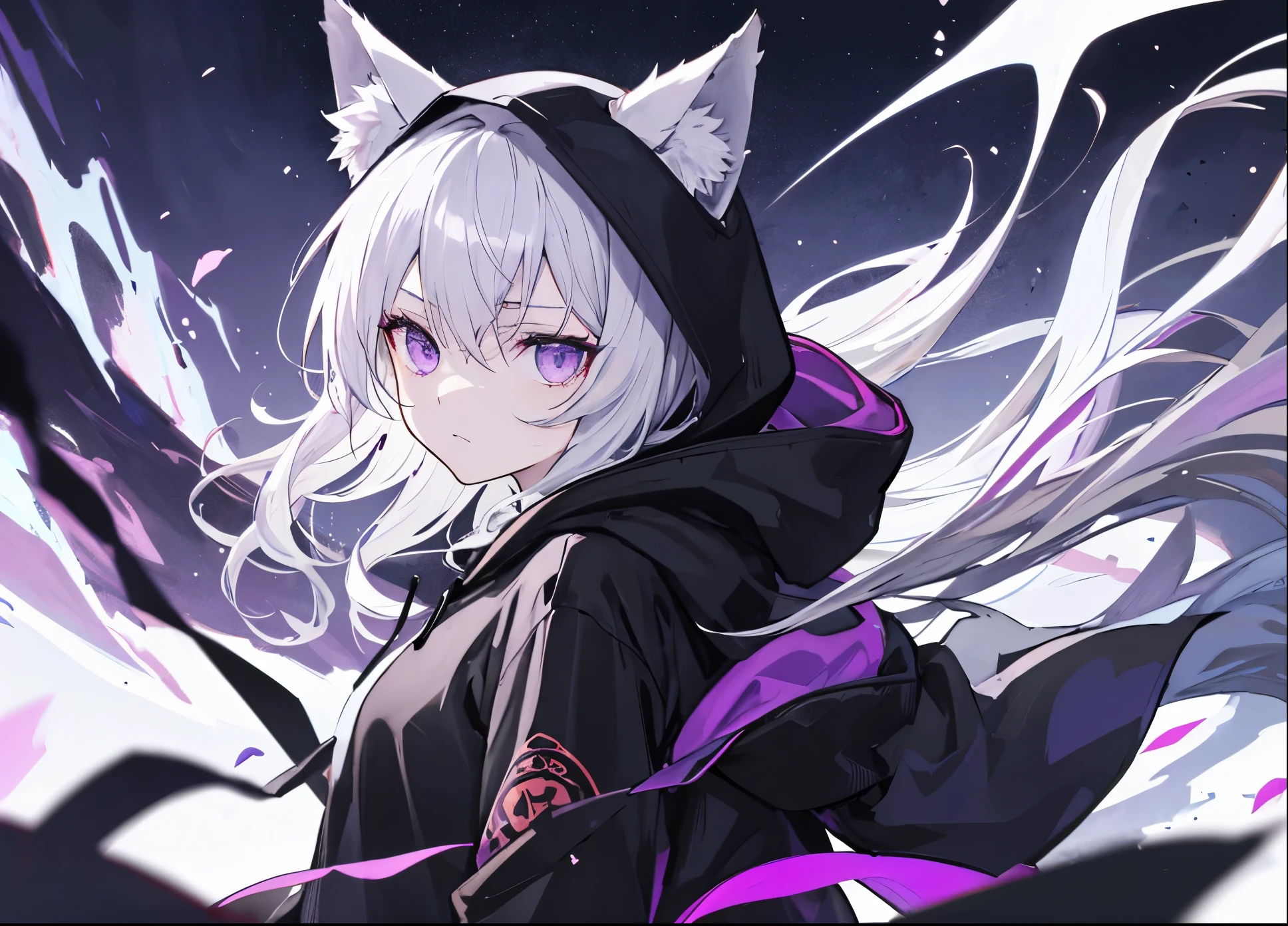 ((Best Quality)), facing front, in the middle, a wolf-girl with suspended eyes, wearing a black hoodie with a hood over it, a forlorn expression, gray hair and animal ears, purple eyes. The back is black. The wind is blowing and her hair is fluttering. Night.