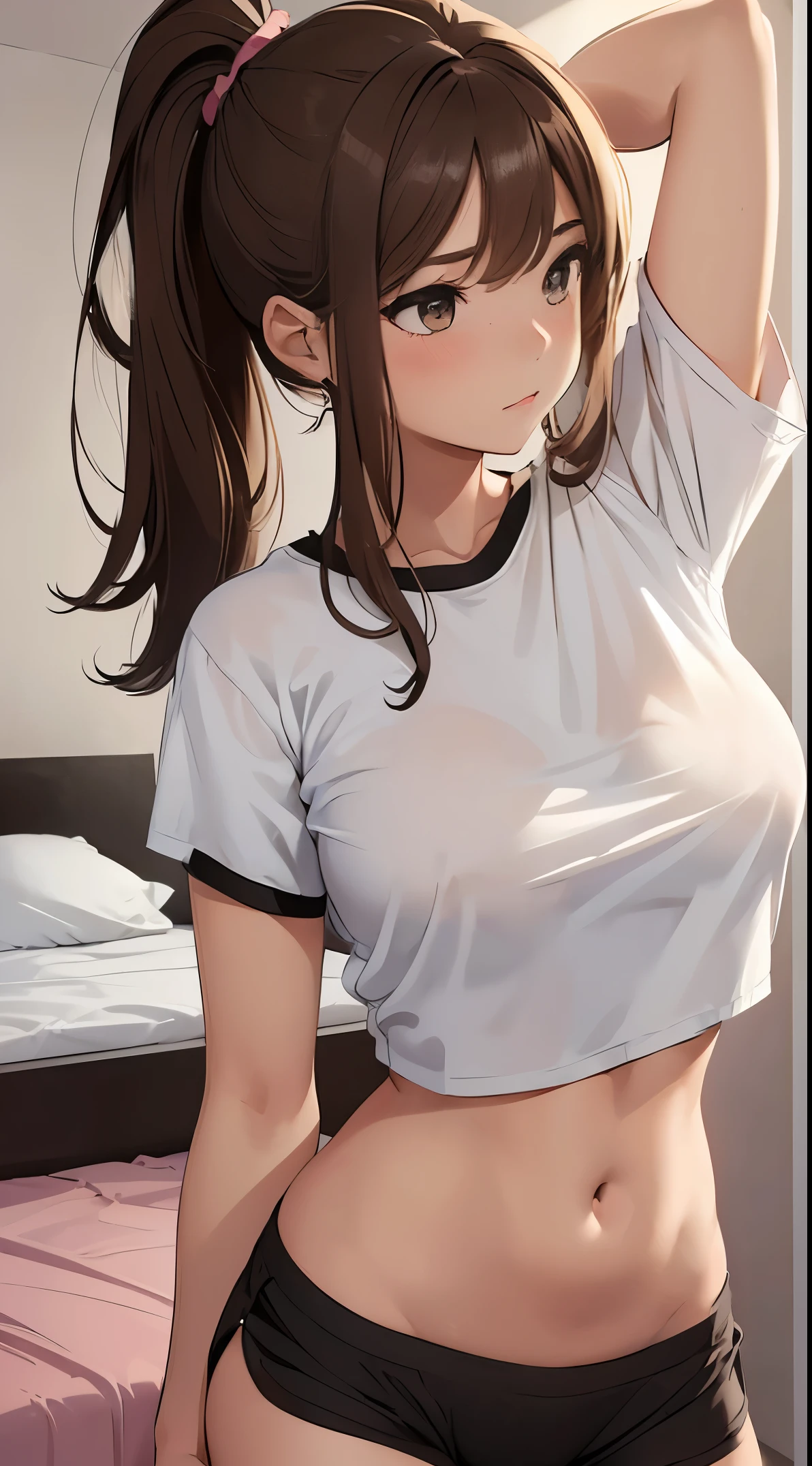 1girl, in bedroom, (night) , ponytail hair, ((light brown hair)), big breasts, cute fit girl, beautiful girl, Opening the crotch, ((wearing a pistil Plain white crop tee shirt)), ((wearing black sleeping shorts)) , (pussy), brown eyes, pink blush, (black eyes)