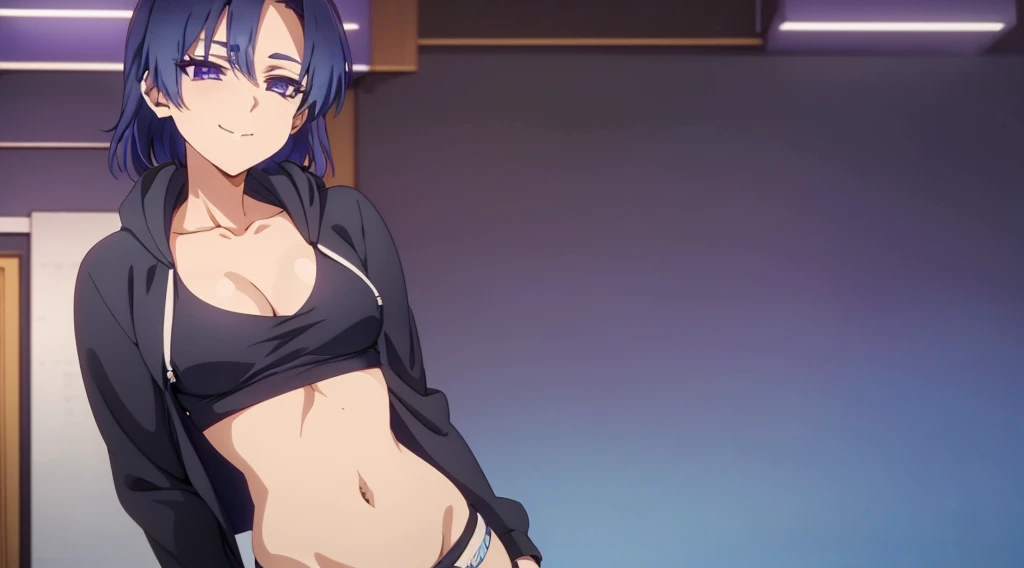 kamiya of shikimori-san ia not just cute, hoodie, show off belly, navel, perfect face, (ultra high quality), detailed, 8k,masterpiece, looking viewers, small breast, purple eyes, (1 girl, solo), sharp eyes, pride smile, side boobs, fuck pose, background school