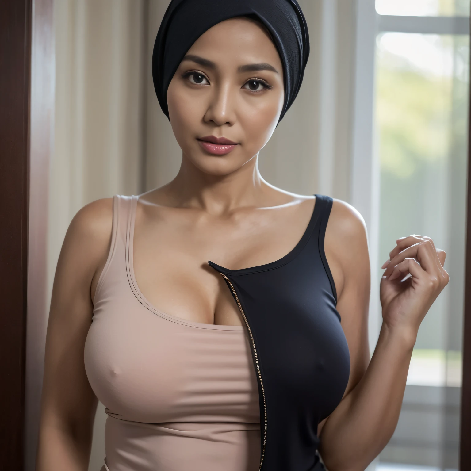 52 years Old, Hijab Indonesian mature woman, Big Tits : 146.9, Long-sleeveles Shirt, Slim body, Breast about To burst out, at doctor office, Dark light, at Daytime