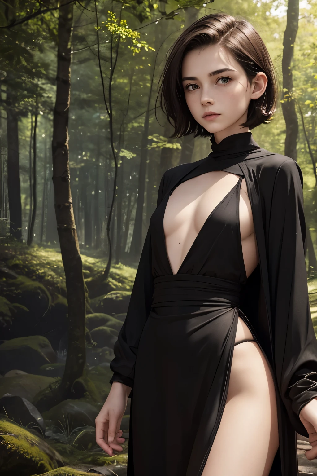 A young androgynous woman with very short hair in a fantasy setting. Happy. Kind. Friendly. Tomboyish. Very pale skin with freckles and liverspots. Very short dark-brown hair with a boyish haircut. A round soft face and chin. Very thin and barely visible eyebrows. Darkbrown eyecolour. Upturned eyes. Long and wide nose. Curved lips. Long neck. Small chest. Slim. Wide hips. Long thick legs. Wearing a tight black monks habit. Background: A beautiful colourful landscape. Sun is shining. A forest.