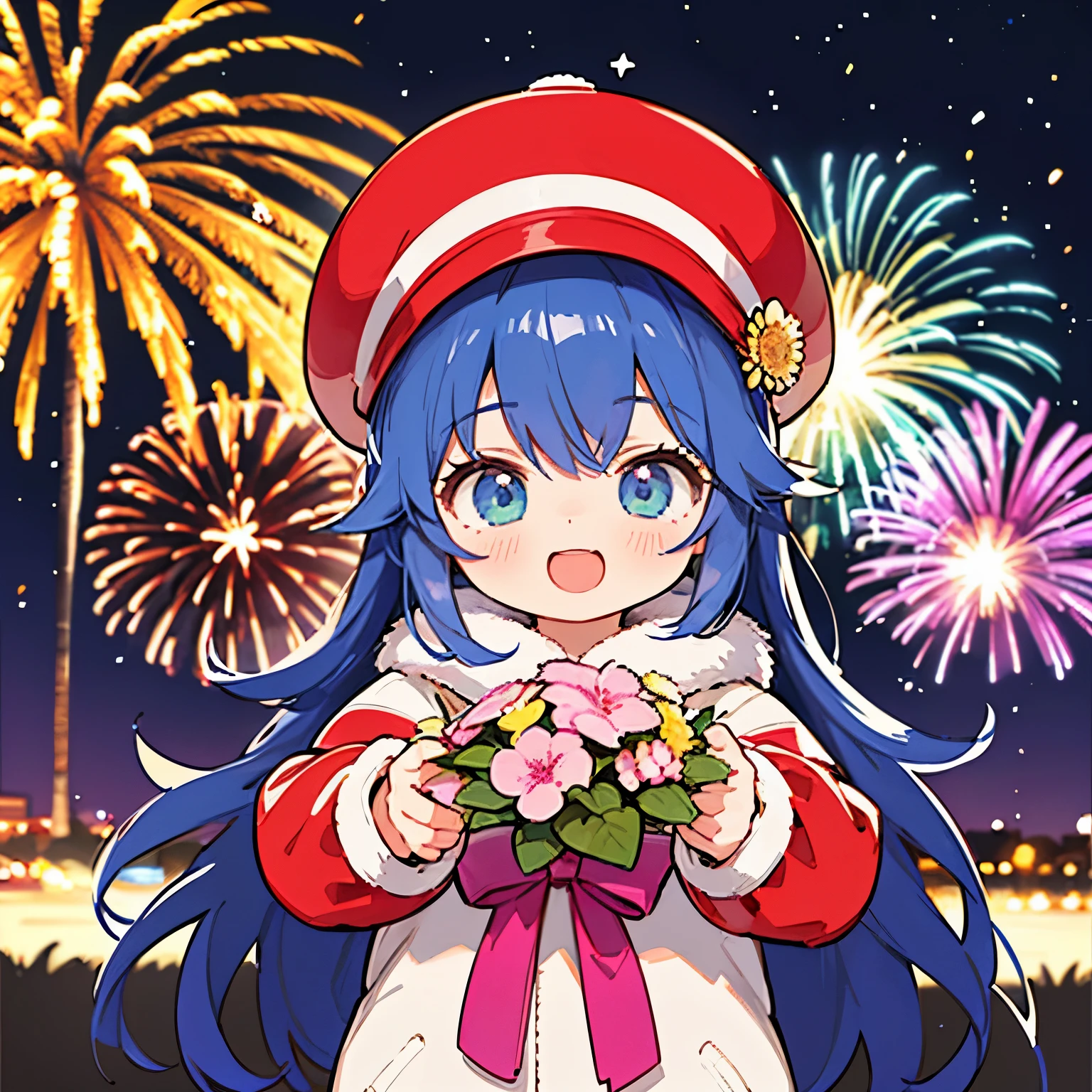 A female character,Best quality, Comic style,aquarelle,HighDynamicRange, professional, vibrant with colors, bokeh, girl, Holding a bouquet of gorgeous small fireworks in hand,Wear winter clothes and a hat,Welcome the new year with joyful atmosphere, dynamicposes,