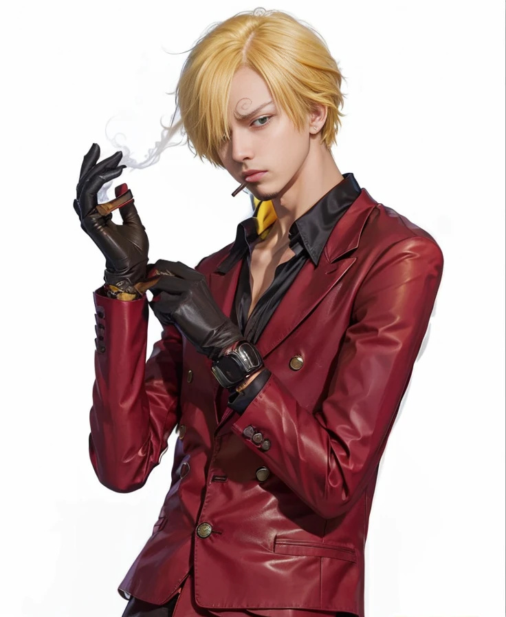 1man, sanji in anime one piece, short hair , yellow hair, black eyes, handsome, smoke, dark red  clothes, realistic clothes, detail clothes, city background, ultra detail, realistic