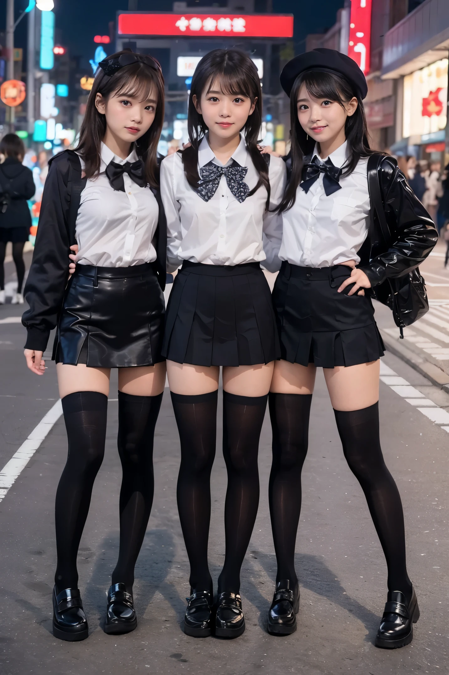 (full body photographed)、street snap、A baby-faced girl wearing a short skirt and bow tie stands in a neon street at night..(tall)のgals女性が3人います、(3 girls)、(gals)、Phenomenally cute schoolgirl、Microsailor suit、Winter clothes、Japanese school black uniform、(large udder、The shirt opens at the chest, expose a lot of cleavage.)、Girl in surreal female uniform、Wearing a dark blue uniform、Schoolgirl Pose、full body Esbian、Nice skin、glistning skin、lovely thighs、(long legged)、(wide thighhighs)、(Micro Mini Skirt)、glowing thigh、With garter、(opaque black knee high socks)、((all hands)(i definitely wear black knee socks that go above the knee.))、i'I'm wearing high heel leather shoes、High School in Japan 、乃木坂アイドル、韓国アイドル、invite you inside、inviting eyes