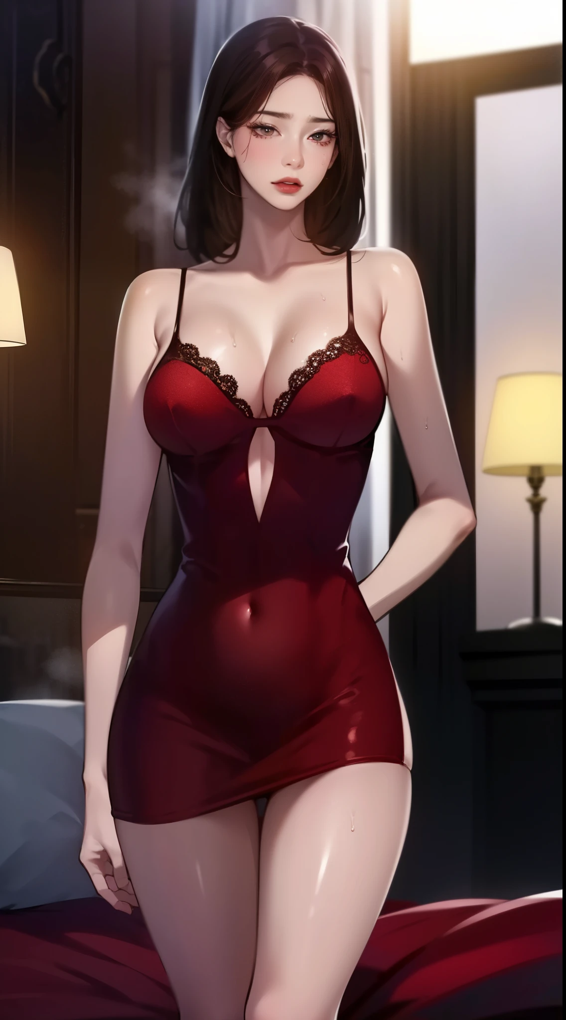 amazing,  top-quality , Ultra-detailed, hight resolution, Extremely detailed, (Cinematic Digital Artwork: 1.3), High quality, masutepiece, of the highest quality, Super Detail, Illustration, [4K Digital Art]、 lndswgnr, (Sharp Focus: 1.5), (Moody lighting:1.2), depth of fields, Bokeh, 4K 、(masutepiece:1.3), High resolution, ultra-detailliert, the Extremely Detailed CG Unity 8K Wallpapers, Realistic, Photorealsitic, Raw photo, beautifull detailed face, pale skin, realistic glistening skin, Detailed Cloth Texture, detailed hair texture, Perfect body, Beautiful face, acurate, Anatomically correct, Highly detailed face and skin texture, Natural neck length, (Beautiful handair skin:1.2), thin legs, Thin feet, Detailed people、A detailed face、细致背景、Illustration, extremely delicate and beautiful, Extremely detailed ,nffsw ,8K Wallpaper, amazing, finedetail, masutepiece,Best Quality,offcial art,,Close up of big cleavage,volumettic light,mood lighting,((the night))，,𝓡𝓸𝓶𝓪𝓷𝓽𝓲𝓬,A true light source,1girll,thighs focus,brunette color hair,((Loose red silk nightdress)),Sit on a big red bed,Red pillow，((Red silk sheets))，smallunderboob,M open legs,Bare legs,Absolute realm、Colossal tits、((steam,Sweat,Lower grade))、(Oil,wetted skin)、(((Woman inviting from the window opposite))), Neighbor's wife、POV, I happened to witness my neighbor's change of clothes that I could see from the window