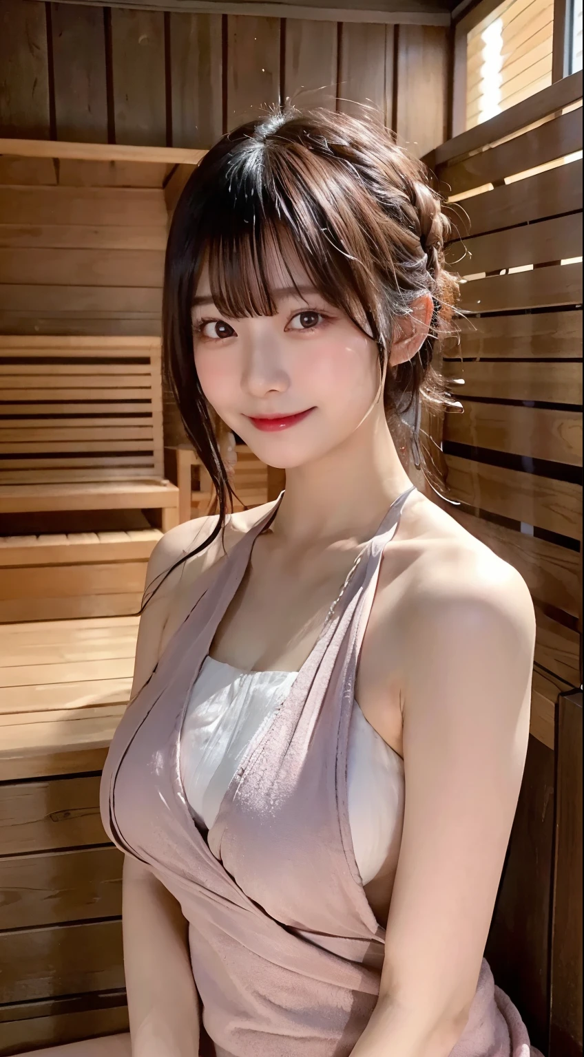 (top-quality,​masterpiece:1.3,超A high resolution,),(ultra-detailliert,in 8K,Caustics),(Photorealsitic:1.4,RAW shooting),(Bust-up shot),fullnude,(A married woman with a towel wrapped around her chest),28 year old,Beautie,Black hair half up,Little devil style smile,red blush,stares at the camera,Ultramammy,Nipples erect,(Sweat overflows from the whole body),(Sit in the sauna),(room filled with fog:1.3),Warm soft light