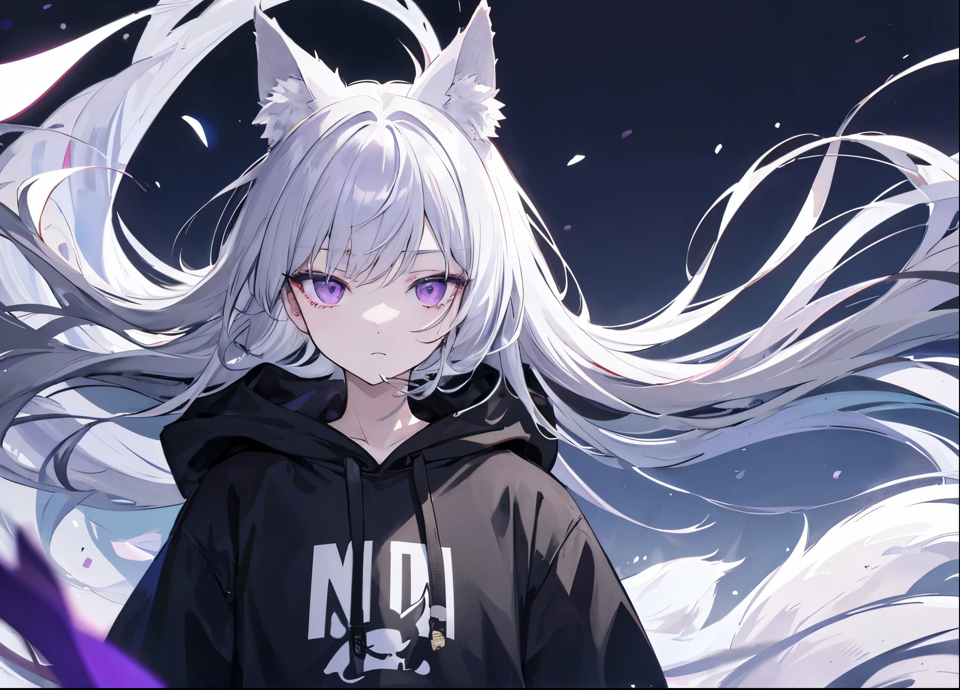 ((Best Quality)), facing front, in the middle, a wolf-girl with suspended eyes, wearing a black hoodie with a hood over it, a forlorn expression, gray hair and animal ears, purple eyes. The back is black. The wind is blowing and her hair is fluttering. Night.