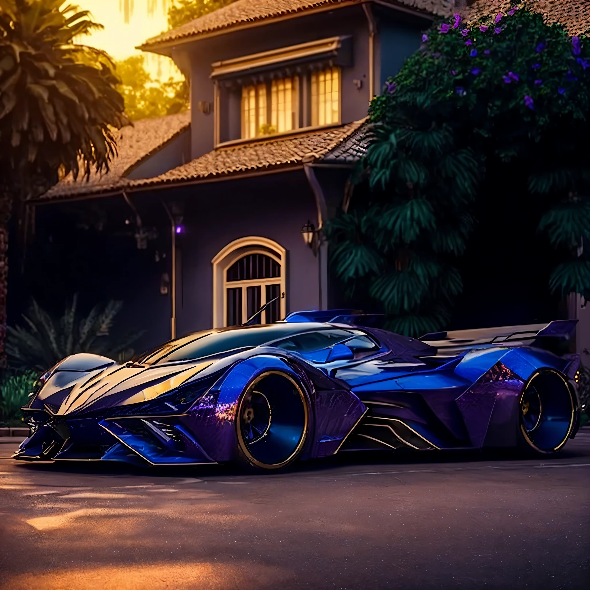 a close up of a purple and blue car parked in front of a house, very futuristic, badass batmobile car design, bold lamborghini style, futuristic car, futuristic cars, super car, supercar, 8 k highly detailed ❤🔥 🔥 💀 🤖 🚀, concept car, majestic and futuristic, sportcar, futuristic design, sport car, futuristic style, sports car, cyberpunk car