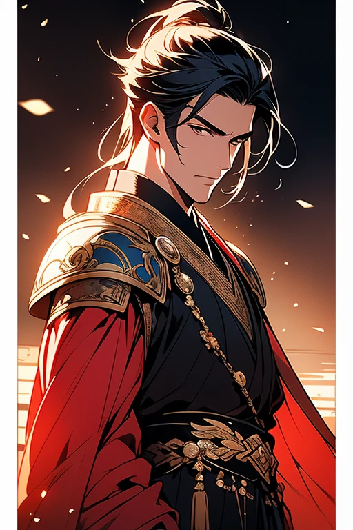 of a man, cabelos preto e longos, wearing a hanfu,The hair is neat, at the battlefield. Thousands of troops, Siege equipment, Ancient background, curio, Delicate and beautiful skin, exquisite facial features, cool colours, the complex background,Movie 4K, Very meticulous, tmasterpiece.