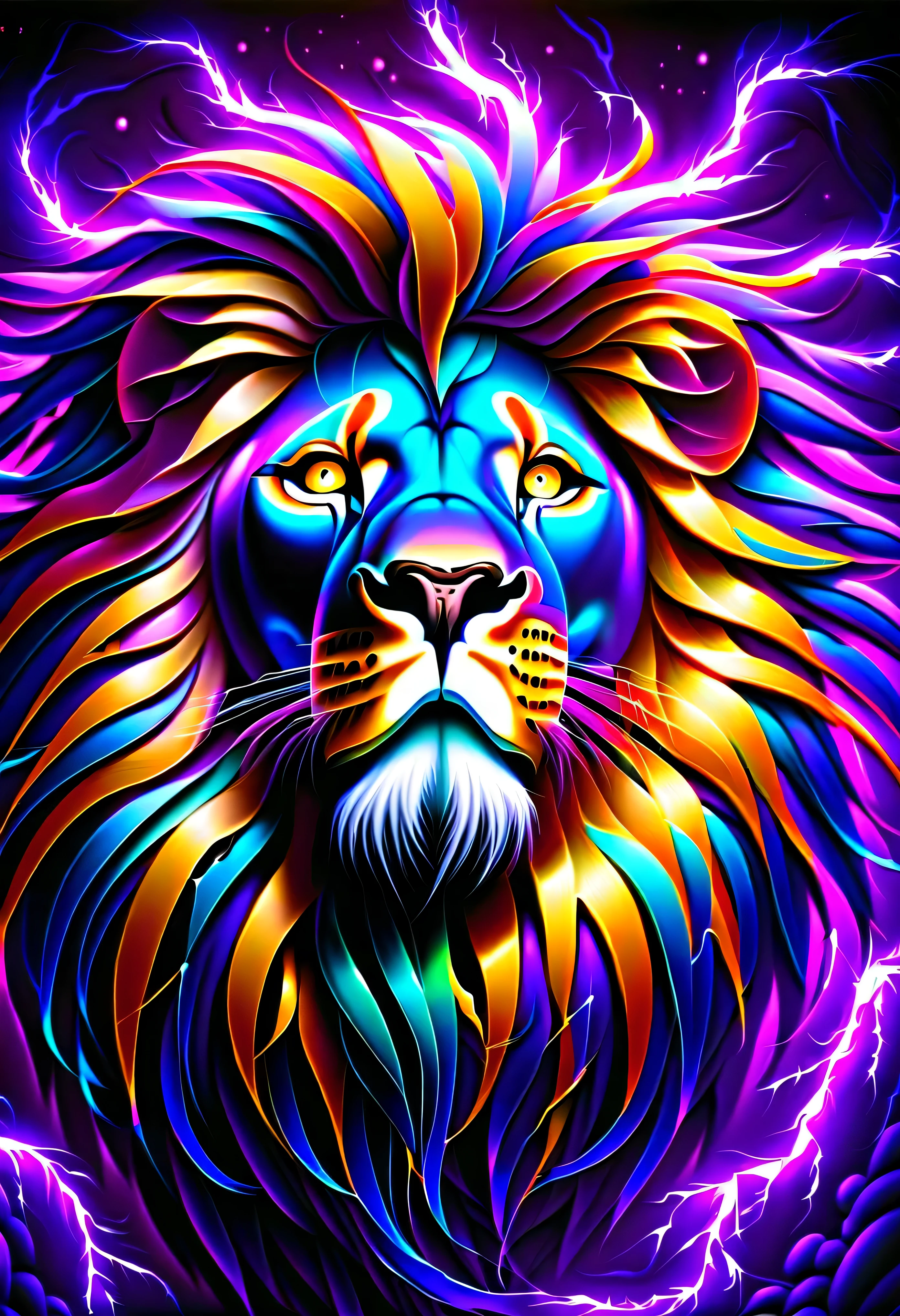pintura cgi abstrata, epic surreal a lion with divine aura , divino, plantas de fantasia sombria, beauty glow neuron fruit, juba dreadlock bioluminescentes ao redor, mundo escuro do mundo maravilhoso, bioluminescent radiation, many smoke have a vision, vision of many cynicisms, loucura, frenesi, flor louca, Arrebatamento, brilho do fanatismo, oil painting, spatula and brush strokes supplement, intrincado, maluco, brilho de beleza assustador, alto contraste, profundidade do mar inspirada, cores escuras ricas, high resolution, hyper realistic, trabalho de pincel de detalhe, stunning intrincado detail 8k rendering, alta qualidade, Qualidade Superior, best quality, verdadeira obra-prima, masterpiece lighting, cinematic angle, glass floor, ( lion), (muito purple neon)