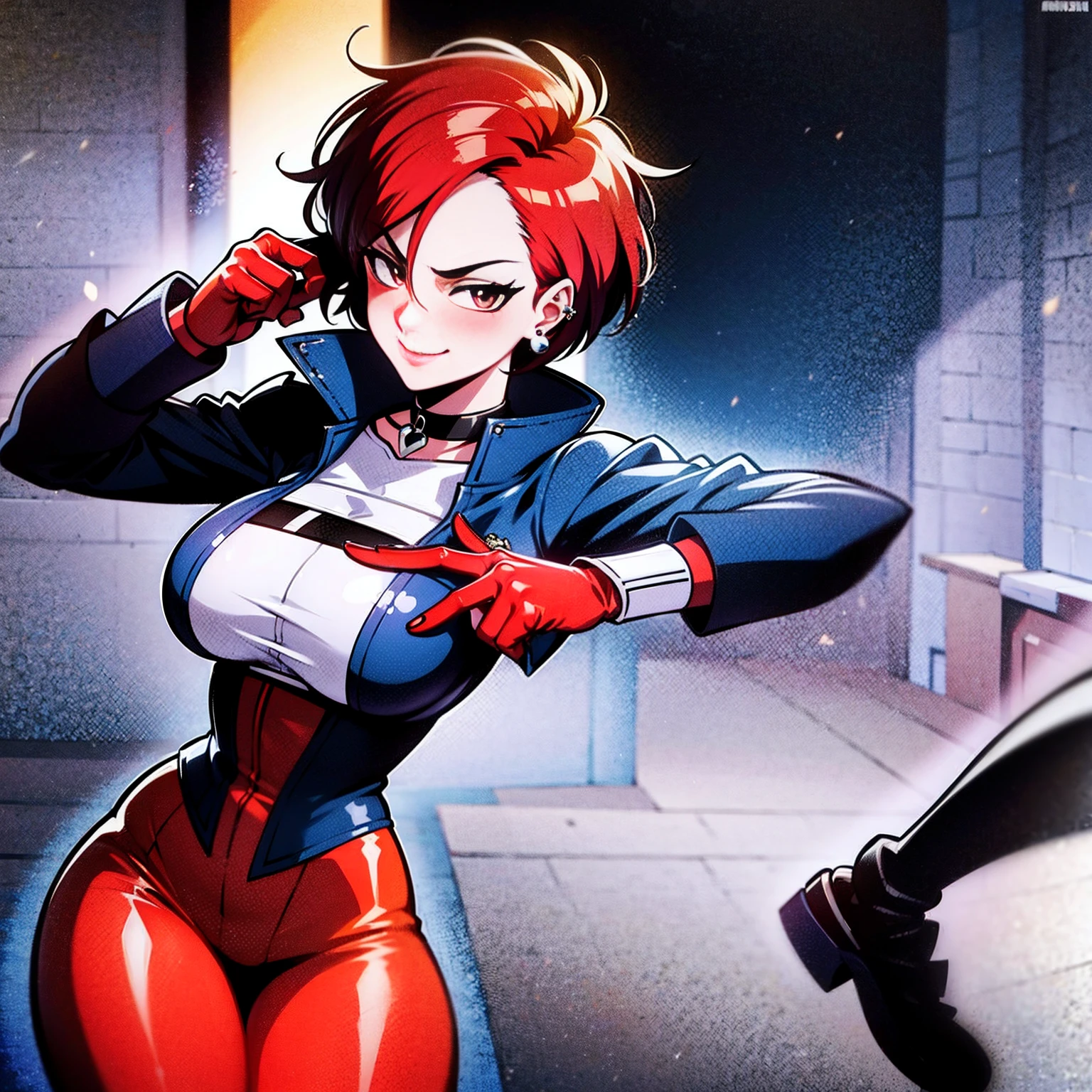 in the art style of persona 5, smal breast, delinquent, (sukeban), mature_female, blush, mature, older woman, 25 years old, Sukeban teacher outfit, (1girl, solo female, solo, solo focus)++++, choker, sukeban teacher, sukeban fighter, long_sleeves, open jacket, blue jacket,( jean)+++, light skin tone female, full body, jacket, biker jacket, tape, arm_support, gloves, red_gloves, bridal gauntlets, nail polish, boots, black_footwear, fighter outfit, full body, hourglass, mature face, cheeky smile, cheeky face, wrinkles, (red hair, short hair, bob cut, earrings, ear piercings), red eyeighting art, Martial arts, standing, fighting_stance, fight, fighting), extra colors, 2D, megapixel, perfectionism, accent lighting, full HD , (Masterpiece:1.2), (full-body-shot:1),(cowboy shot:1.2), (Highly detailed:1.2),(anime Detailed Face:1.2), Colorful, A detailed eye, (Detailed landscape:1.2), (natural lighting:1.2), ((sukeban school teacher)) by Vincent Di Fate: Aidyllery, Anamorphic Shot, rule of thirds, face by Artgerm and WLOP,