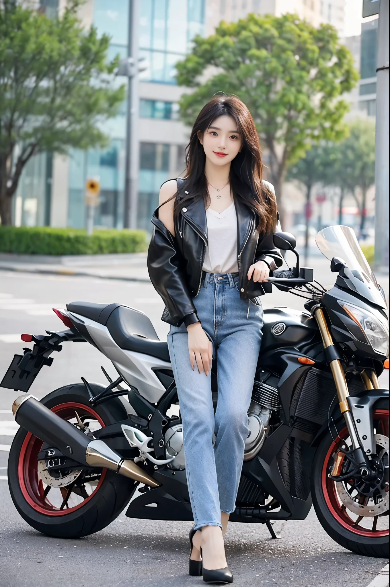 (hyper realisitc) , (illuminations), (Increase the resolution), (8K), (The is very detailed), (Best Best Illustration), (beautidful eyeest quality), (ultra - detailed), (tmasterpiece), ( Wallpapers), (Detailed faces), Sister standing next to the motorcycle,tall and slim figured,Wearing black leather jacket,Wear yours with a pair of skinny jeans,Showing off her slender legs。Her makeup is exquisiightly apply powder,Make her skin look fairer and more delicate。Her long black hair is spread over her shoulders,Gently flutter with the wind,Adds a bit of chicness and 。
Her eyes were bright and focused,the corners of your mouth rise slightly,Show a confident smile。A silver necklace is worn around his neck,Adds a bright color to the whole outfit。Wearing a pair of black high heels on her feet,Make her more upright and confident。
My sister exudes a unique temperament,Full of fashion and vitality,Without losing the femininity and gentleness。She is standing next to the motorcycle,Like a beautiful landscape,Attracting the attention of everyone around。